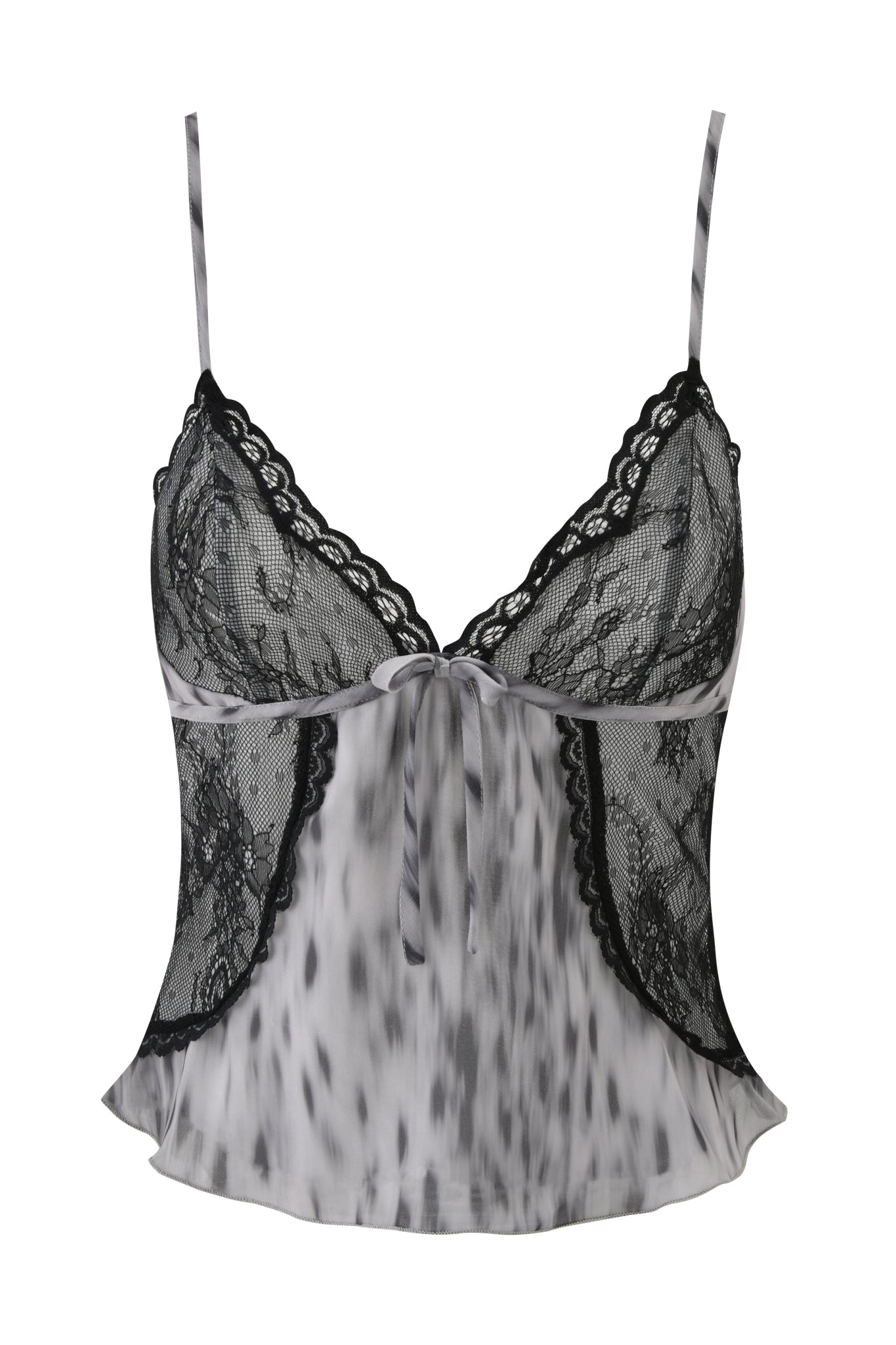 The COLETTE LACE PANEL CAMI TOP by I.AM.GIA features thin straps, black lace on the cups and sides, a center bow, and flowy gray and white patterned fabric for an elegant look.