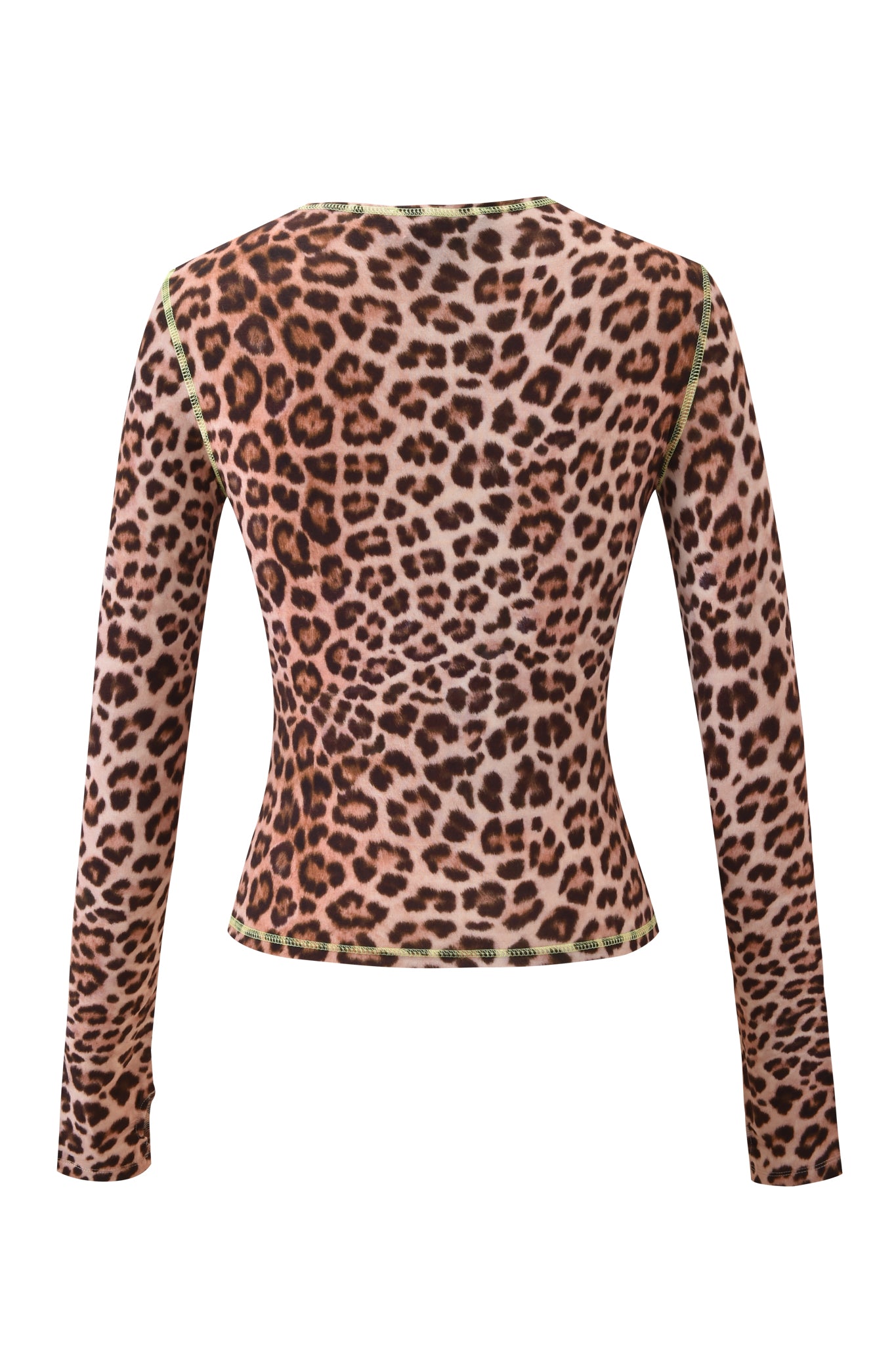 Back view of the I.AM.GIA BLARE LONG SLEEVE TOP - LEOPARD with a fitted silhouette, bold brown and black leopard print, and vibrant green seam stitching.