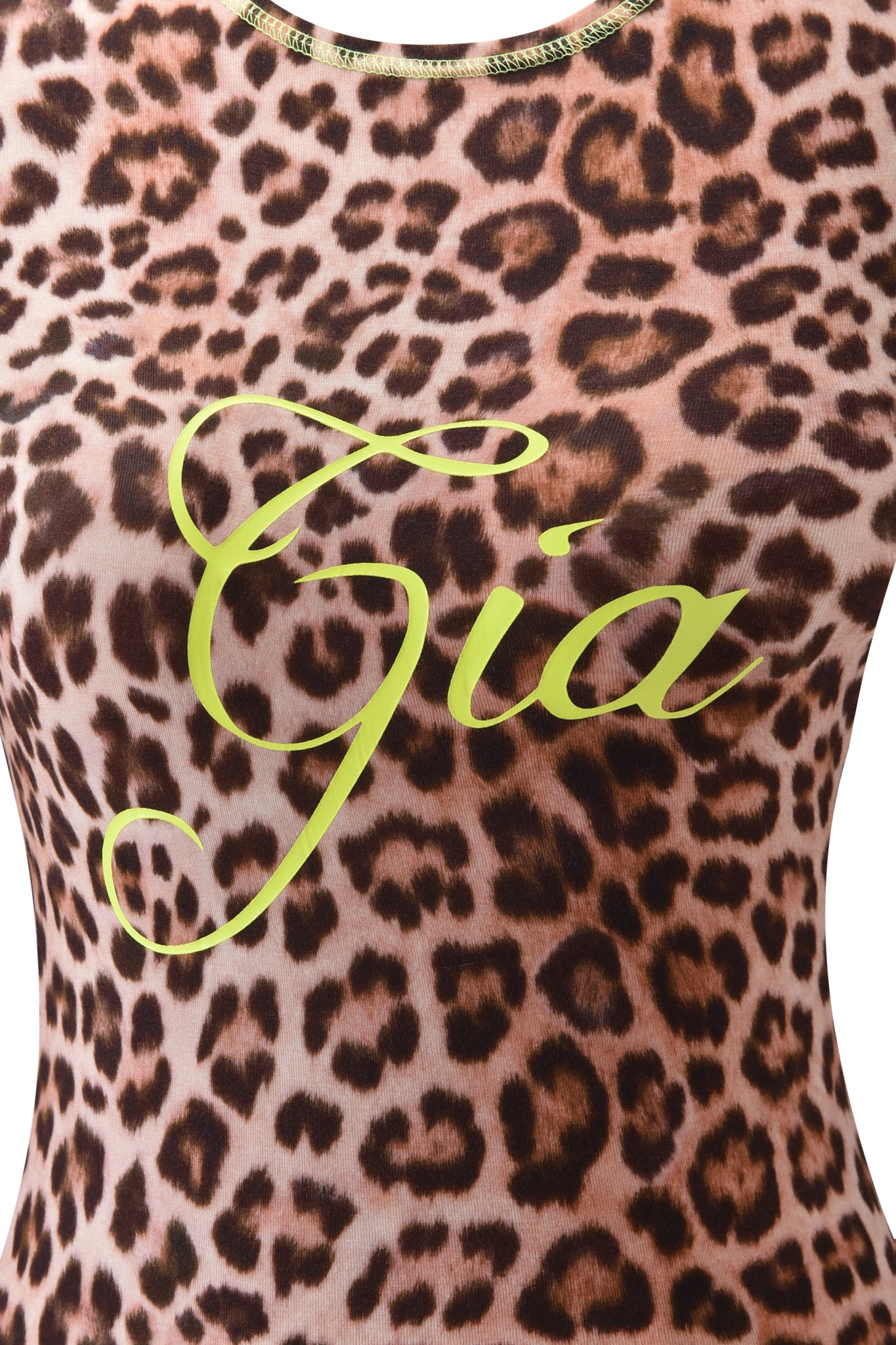 A close-up of the I.AM.GIA BLARE LONG SLEEVE TOP - LEOPARD, featuring the name "Gia" in large yellow cursive letters across the front.