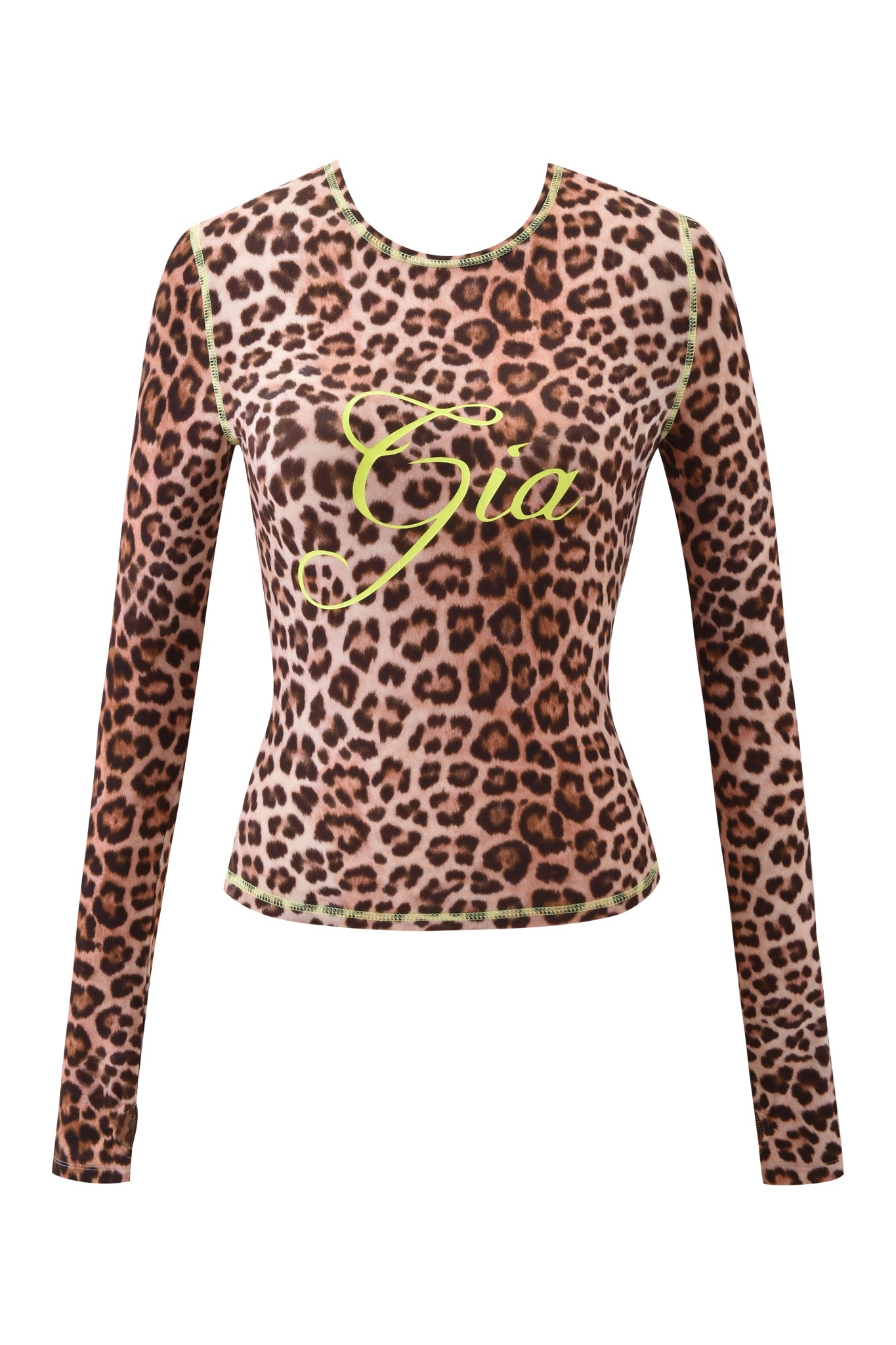 The BLARE LONG SLEEVE TOP - LEOPARD by I.AM.GIA is a fitted, leopard print top with "Gia" in bold yellow across the chest, green seam stitching, and a classic crew neck.