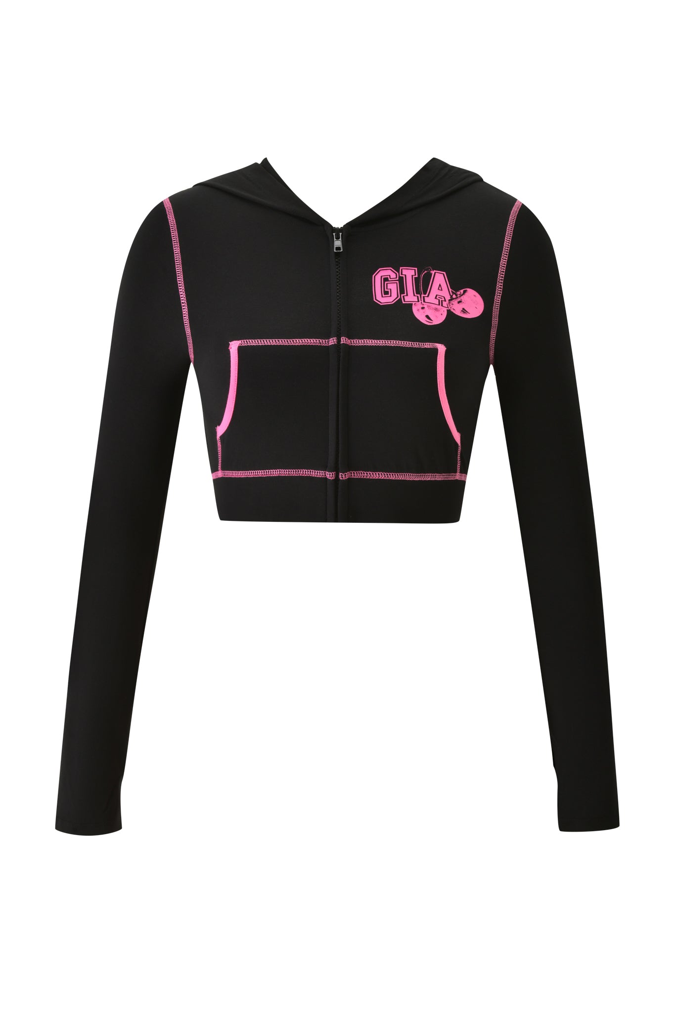The BLARE CROPPED HOODIE - BLACK by I.AM.GIA is a black cropped hoodie featuring pink stitching, front pockets, and a zipper. It displays the word "GIA" with a small pink graphic above the left chest.