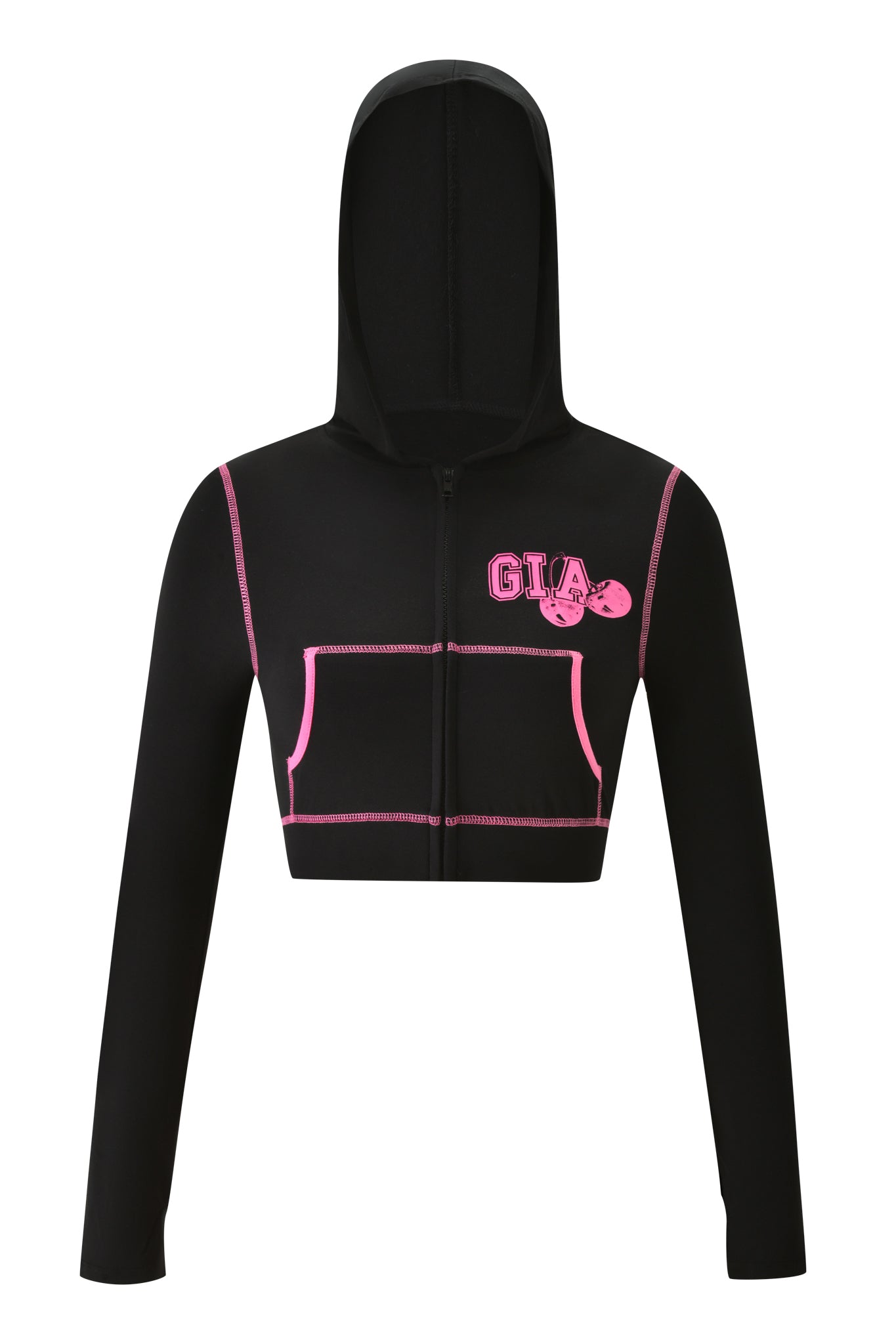 The BLARE CROPPED HOODIE - BLACK by I.AM.GIA features pink stitching, front pockets, and "GIA" text on the left chest. This cropped black hoodie includes a front zipper and long sleeves, offering a bold yet comfortable style.