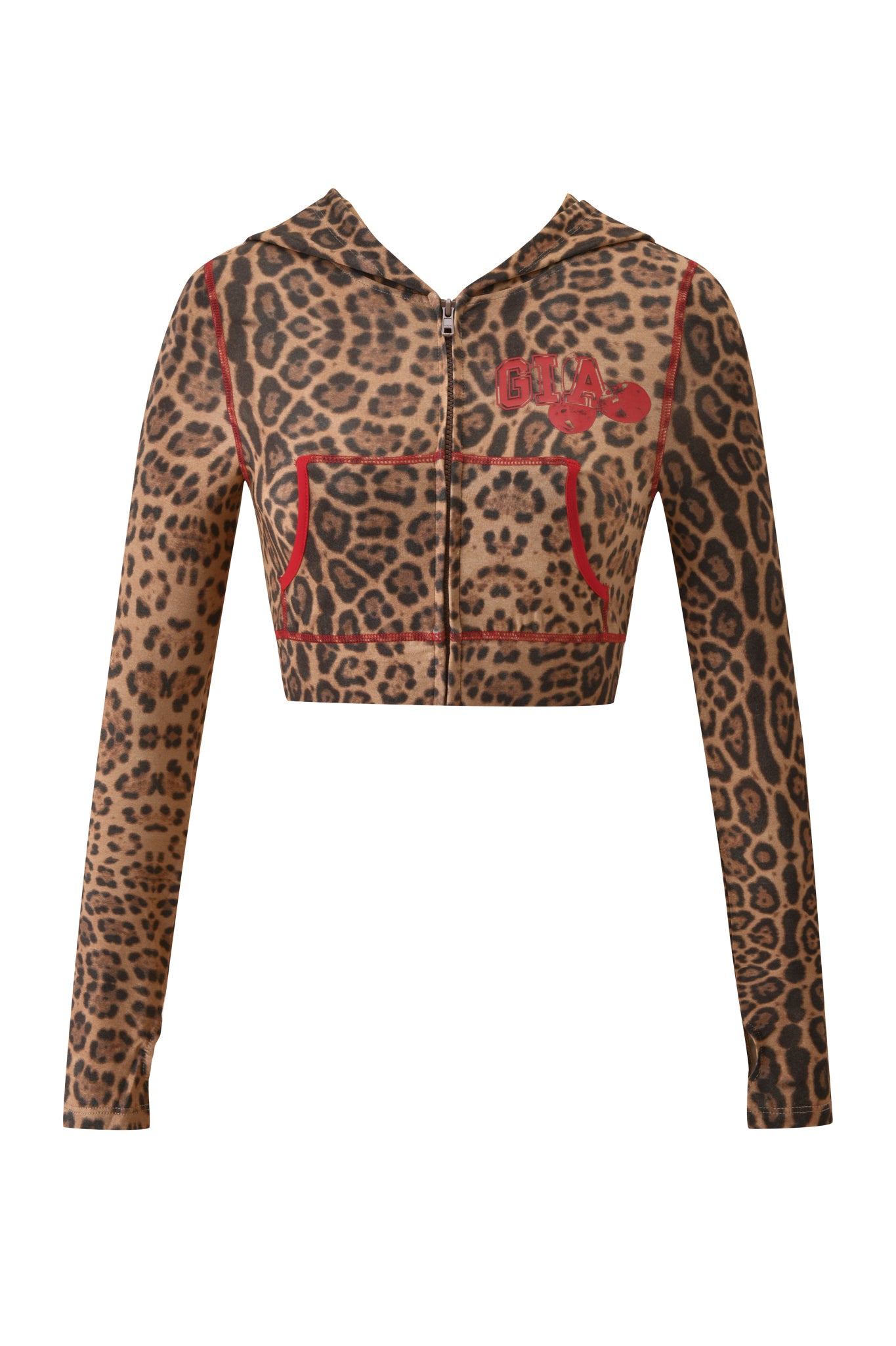 The BLARE CROPPED HOODIE - PANTHERA by I.AM.GIA features a cropped leopard print design with long sleeves, red stitching accents, and a small red "GIA" logo on the left chest.