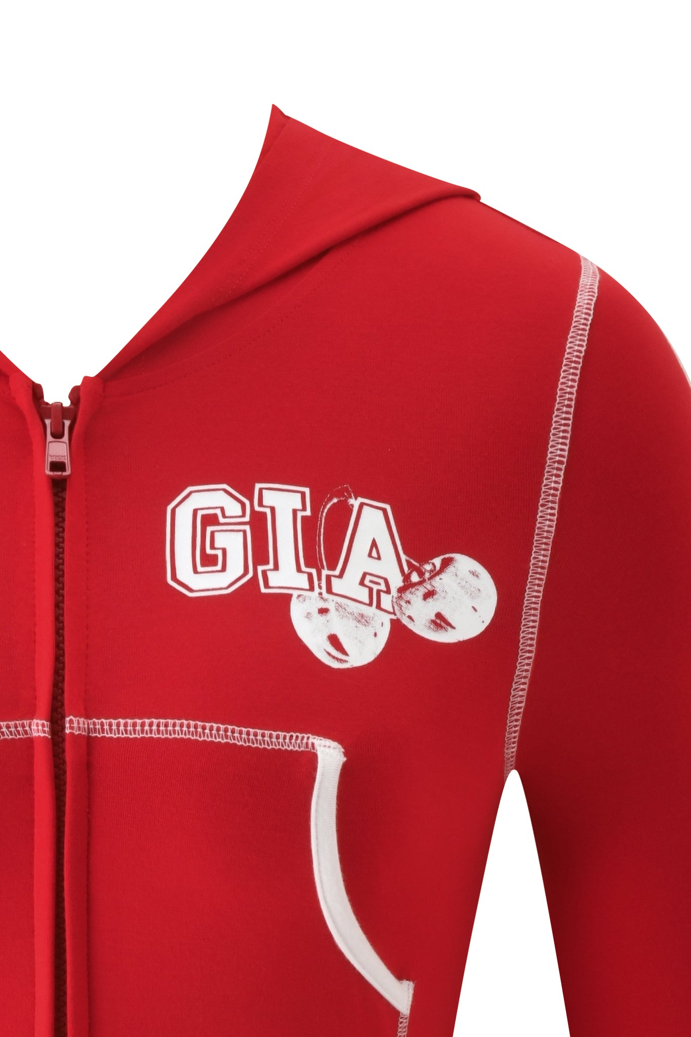 A close-up of the BLARE CROPPED HOODIE in red by I.AM.GIA, featuring white stitching, a front zipper, and "GIA" printed on the chest next to two white cherries.