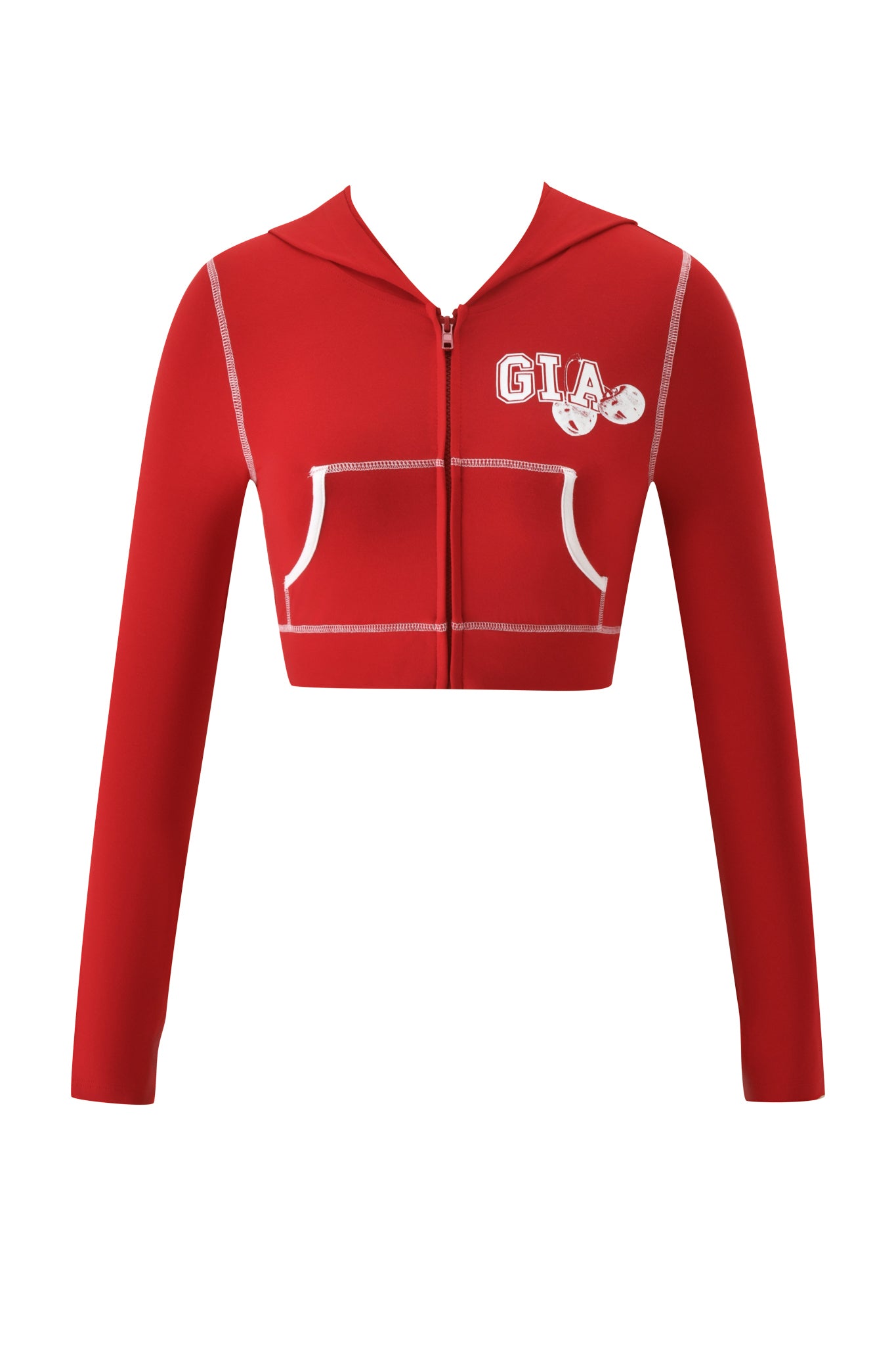 The BLARE CROPPED HOODIE in red by I.AM.GIA is a long-sleeve zip-up hoodie, accented with white stitching, front pockets, and "GIA" with two dice printed on the left chest.