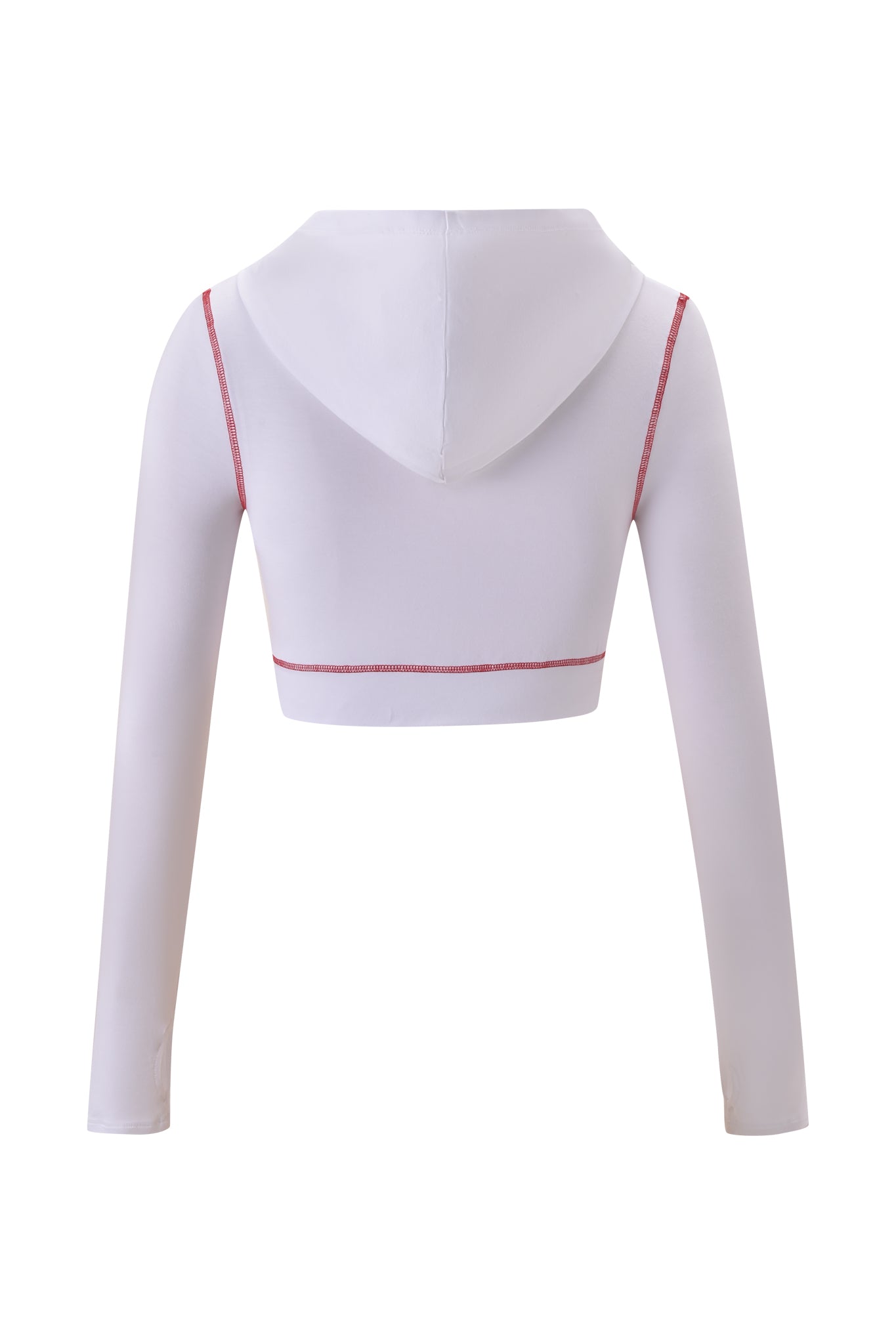 Back view of the I.AM.GIA BLARE CROPPED HOODIE in white, bodycon fit with long sleeves, a hood, and red stitching on shoulders and seams, shown against a plain white background.