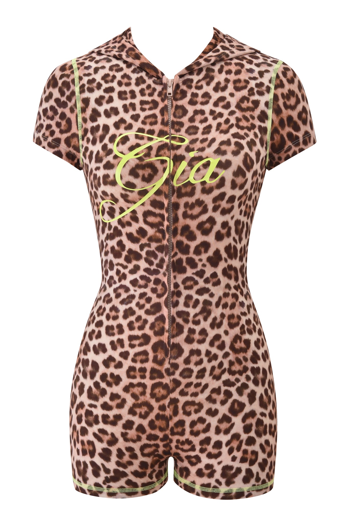 The I.AM.GIA BLARE SHORT SLEEVE ROMPER - LEOPARD showcases a striking leopard print, neon yellow shoulder piping, a front zipper, and "Gia" written boldly in yellow script across the chest.