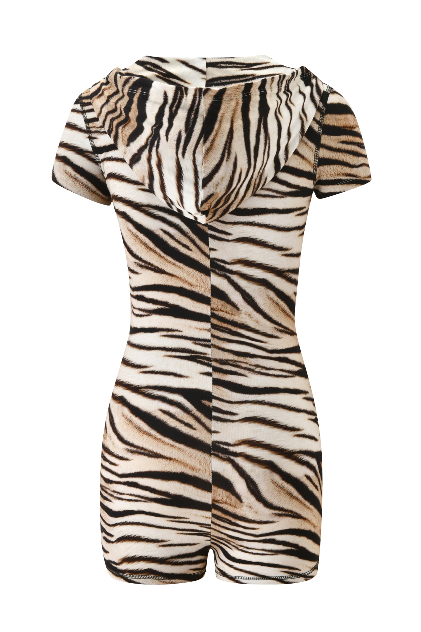Back view of the I.AM.GIA BLARE SHORT SLEEVE ROMPER in Light Tigress print—a snug, hooded, bodycon romper in brown, black, and white tiger stripes, crafted from soft viscose jersey with a central vertical seam.
