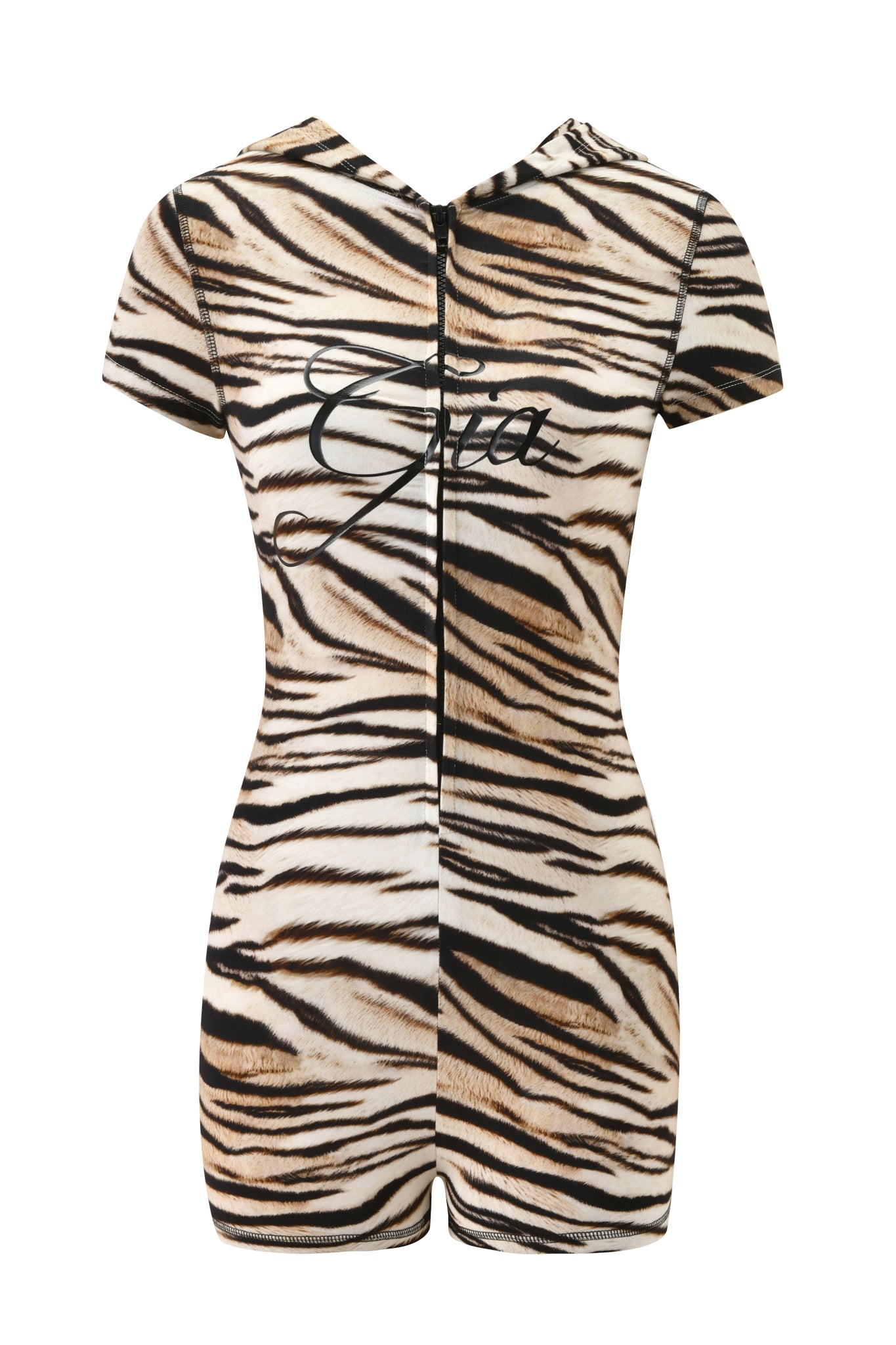 The BLARE SHORT SLEEVE ROMPER - LIGHT TIGRESS by I.AM.GIA is a zip-up, short-sleeve mini romper in a black, brown, and white tiger stripe print. Made with soft viscose jersey for a bodycon fit, it features "Gia" in black script across the back.