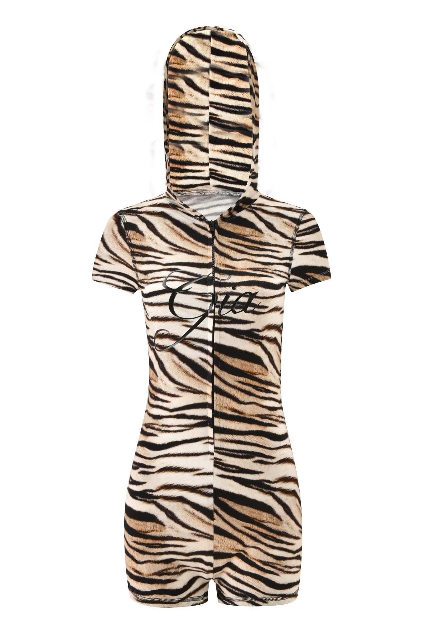 The BLARE SHORT SLEEVE ROMPER - LIGHT TIGRESS by I.AM.GIA is a bodycon, hooded mini short romper with a black and beige tiger stripe pattern, front zipper, short sleeves, and "Gia" script on the chest.