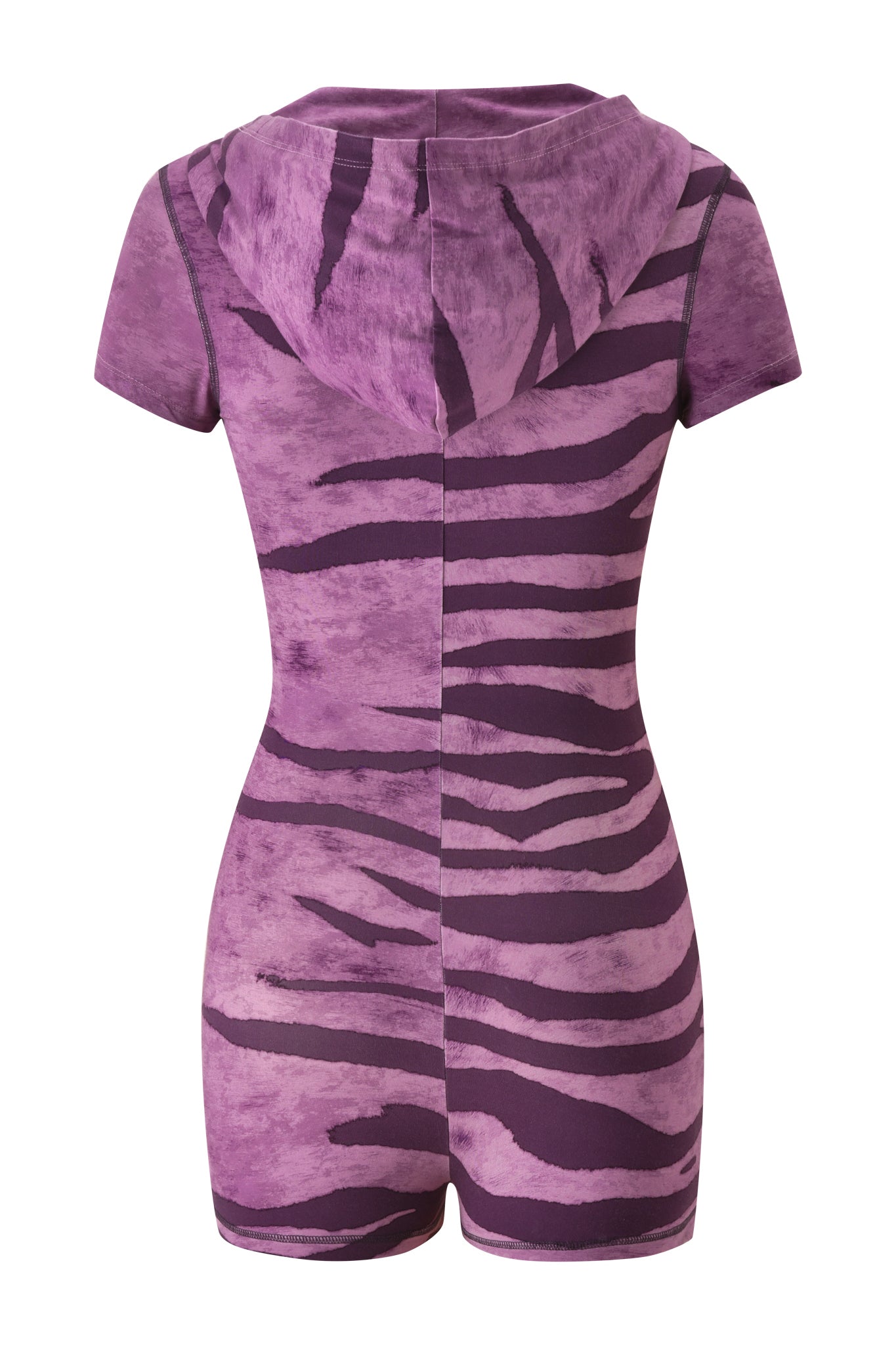 The I.AM.GIA BLARE SHORT SLEEVE ROMPER - PLUM WILD SIDE features a hooded, short-sleeved mini silhouette with a bodycon fit and purple-black tiger stripes on slightly textured, velvety fabric. Back view shown.