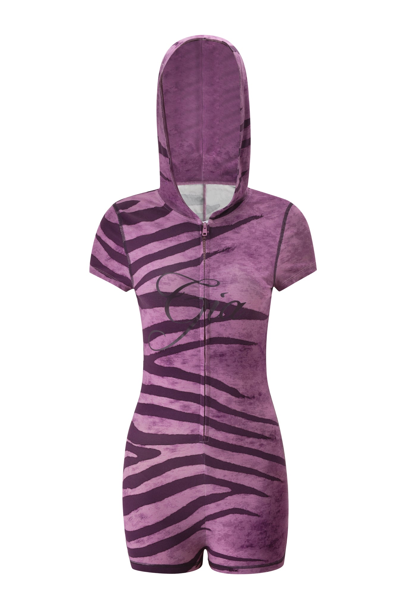 The I.AM.GIA BLARE SHORT SLEEVE ROMPER in Plum Wild Side is a short-sleeve, hooded mini romper with a front zipper, featuring a bold purple and black zebra stripe with stylized script across the chest for a striking bodycon fit.