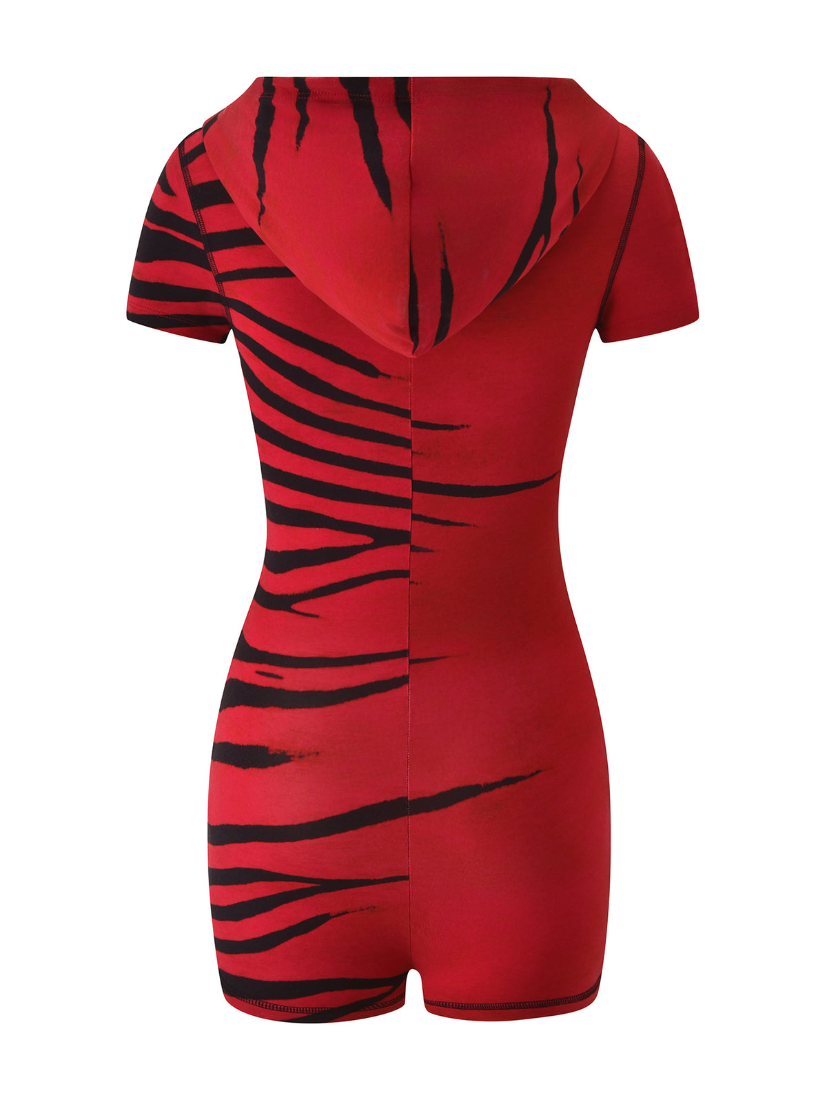 The BLARE SHORT SLEEVE ROMPER - RED WILD SIDE by I.AM.GIA features bold black tiger stripes on a vibrant red, short-sleeve hooded mini silhouette, shown from the back against a white background.