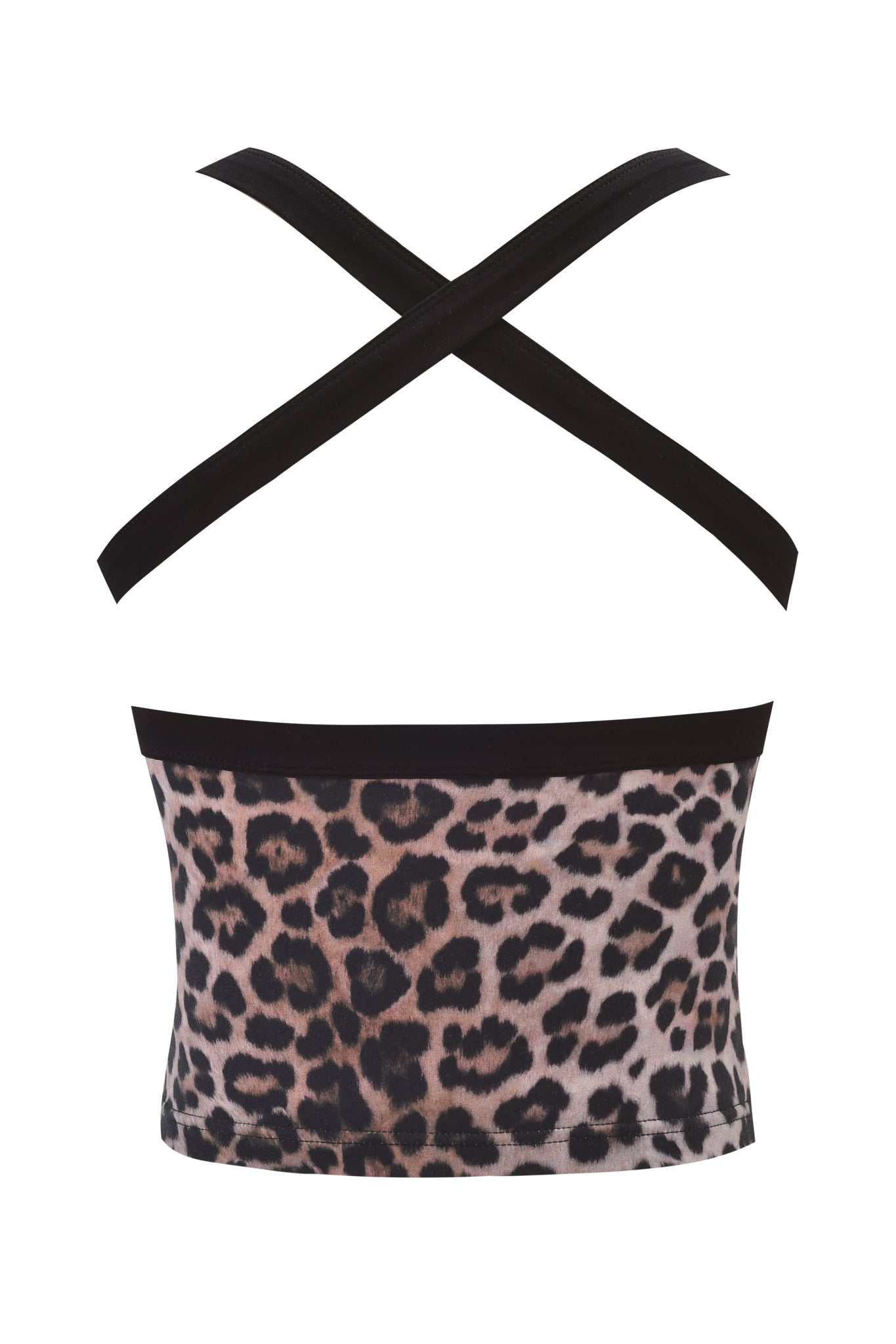 The BLARE HALTER STRAP TOP - LEOPARD by I.AM.GIA is a sleeveless crop top with a bold leopard print, black crisscross back straps, halter tank design, black trim along the top edge, and a white background.