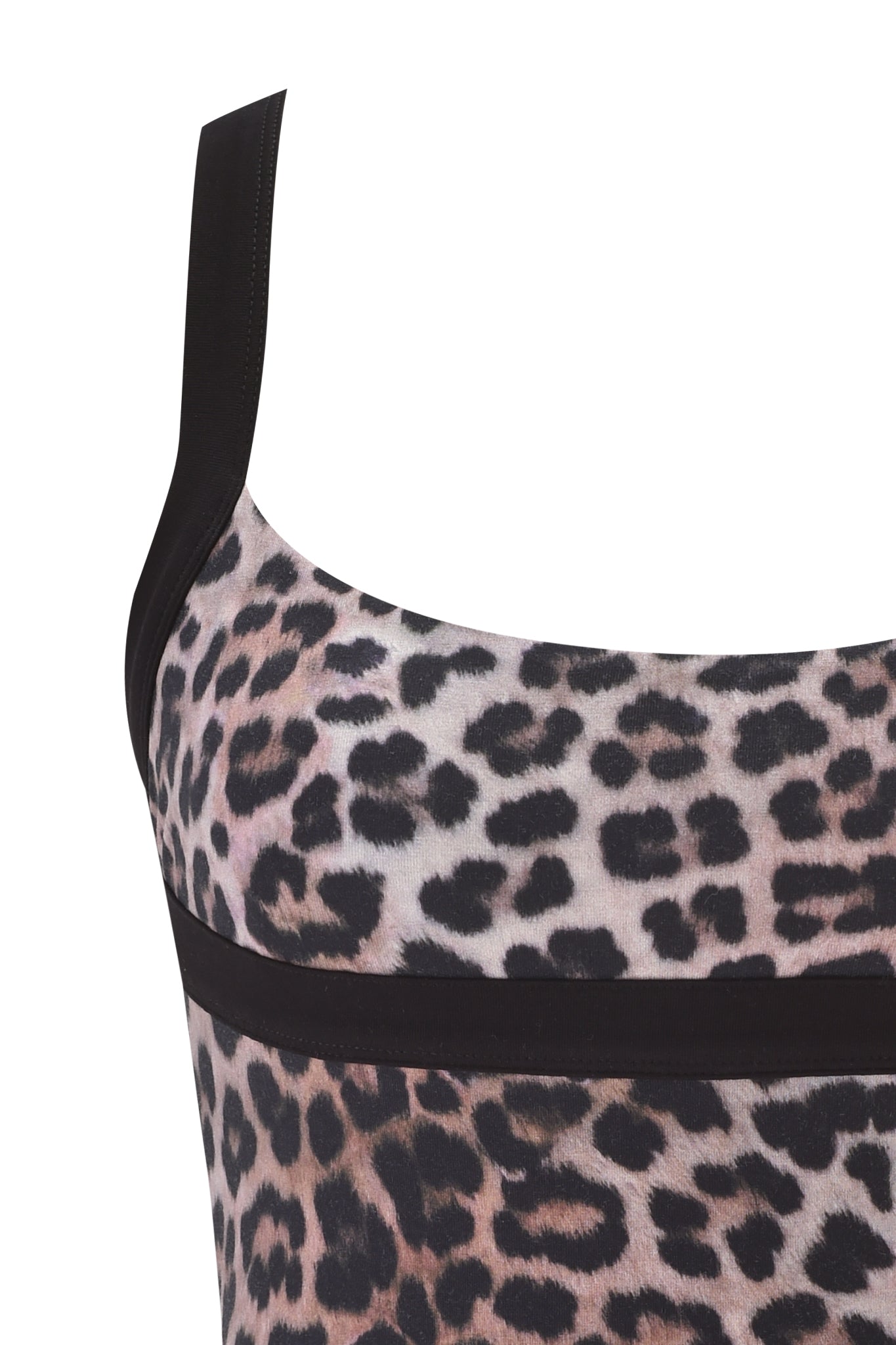 Close-up of the I.AM.GIA BLARE HALTER STRAP TOP in leopard print, featuring sleek black trim along the neckline and under the bust.