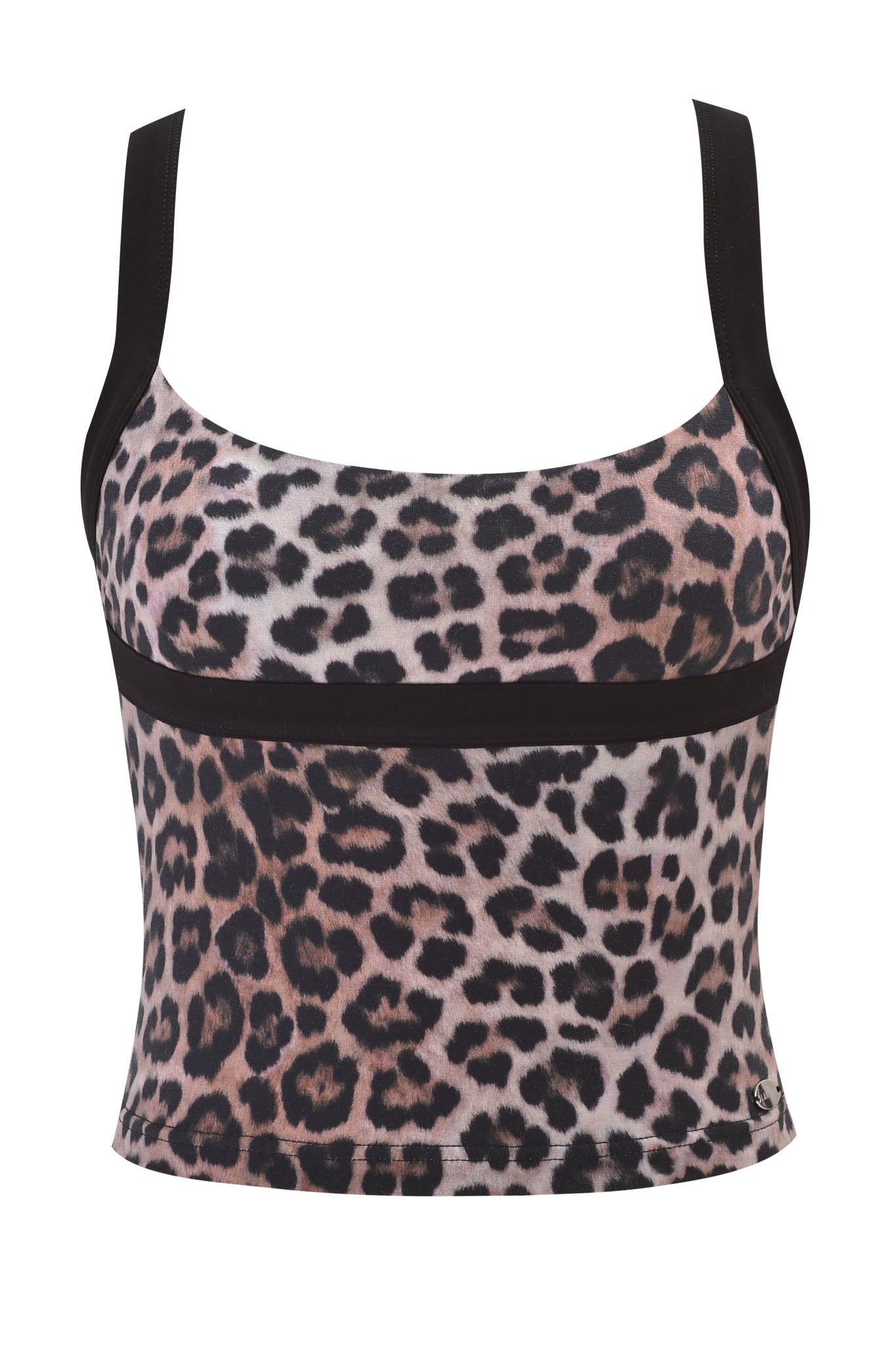 The BLARE HALTER STRAP TOP - LEOPARD by I.AM.GIA features wide black halter straps, a pink and black leopard print, and a horizontal black band under the bust.