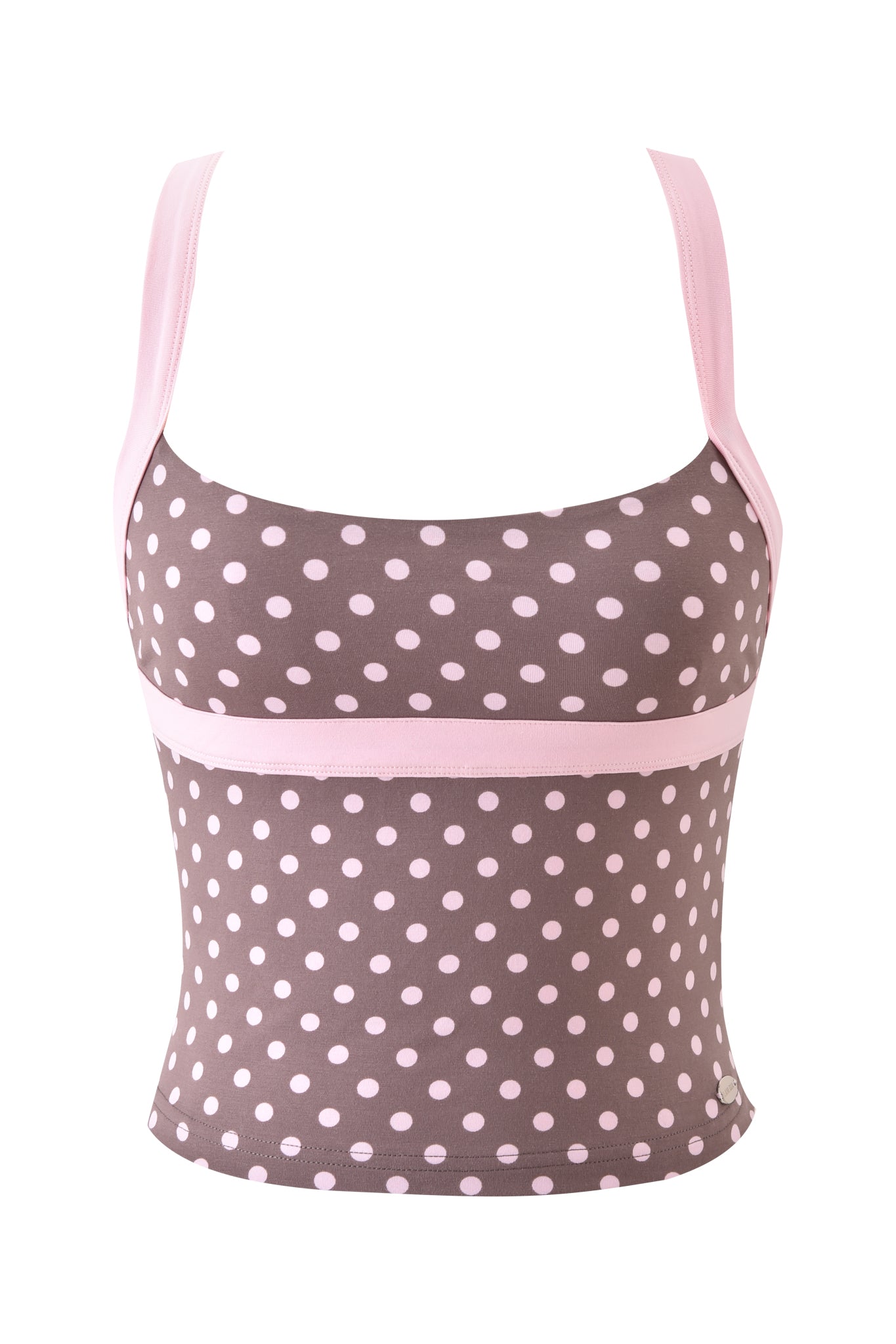 The I.AM.GIA BLARE HALTER STRAP TOP in Pink Chocolate is a sleeveless tank with light pink polka dots and matching pink straps, shown on a white background.