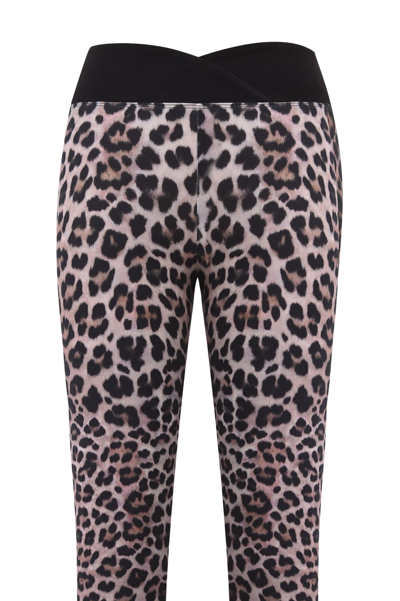 The I.AM.GIA BLARE CROSSOVER PANT - LEOPARD features a black crossover waistband and flared legs in a bold leopard print—ideal for upgrading your lounge wear. Shown from the back on a white background.