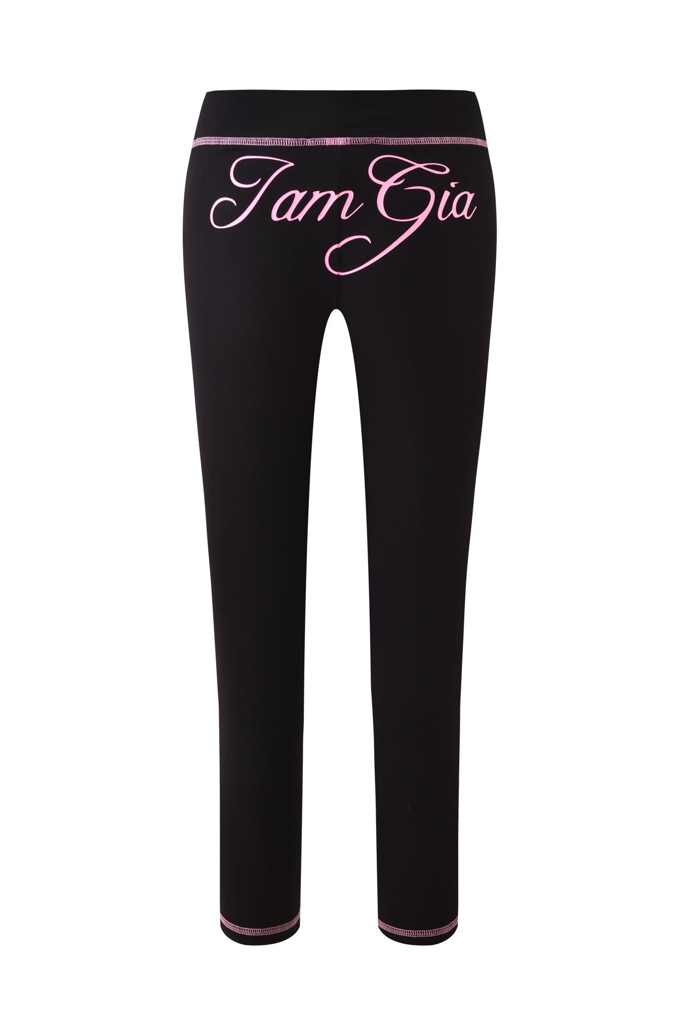 The I.AM.GIA BLARE CAPRI - BLACK features bold pink stitching and the I.AM.GIA logo in pink cursive across the back waistband.