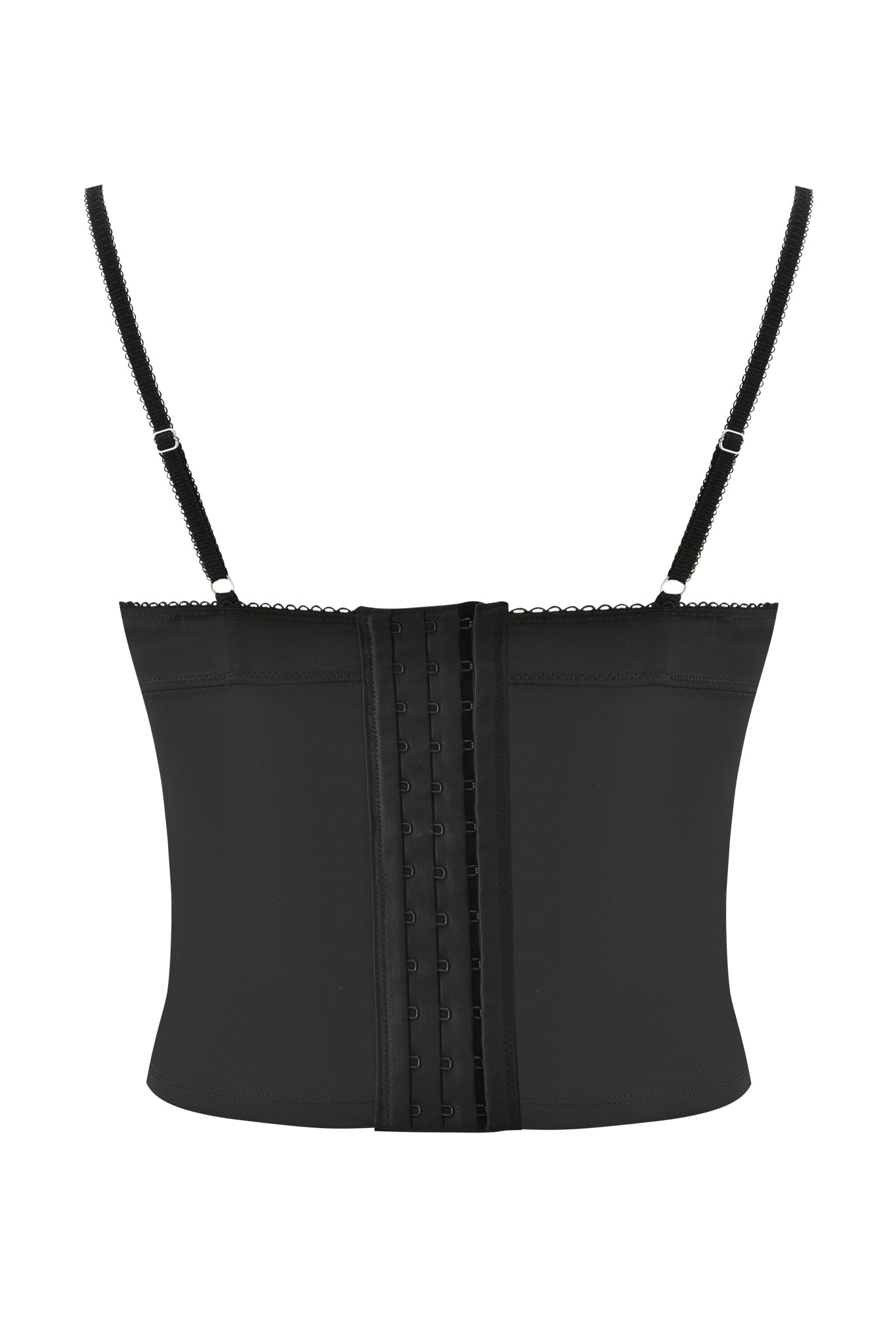 The ASHLING BUSTIER - BLACK by I.AM.GIA features adjustable satin straps and hook-and-eye closures down the back, shown against a white background.