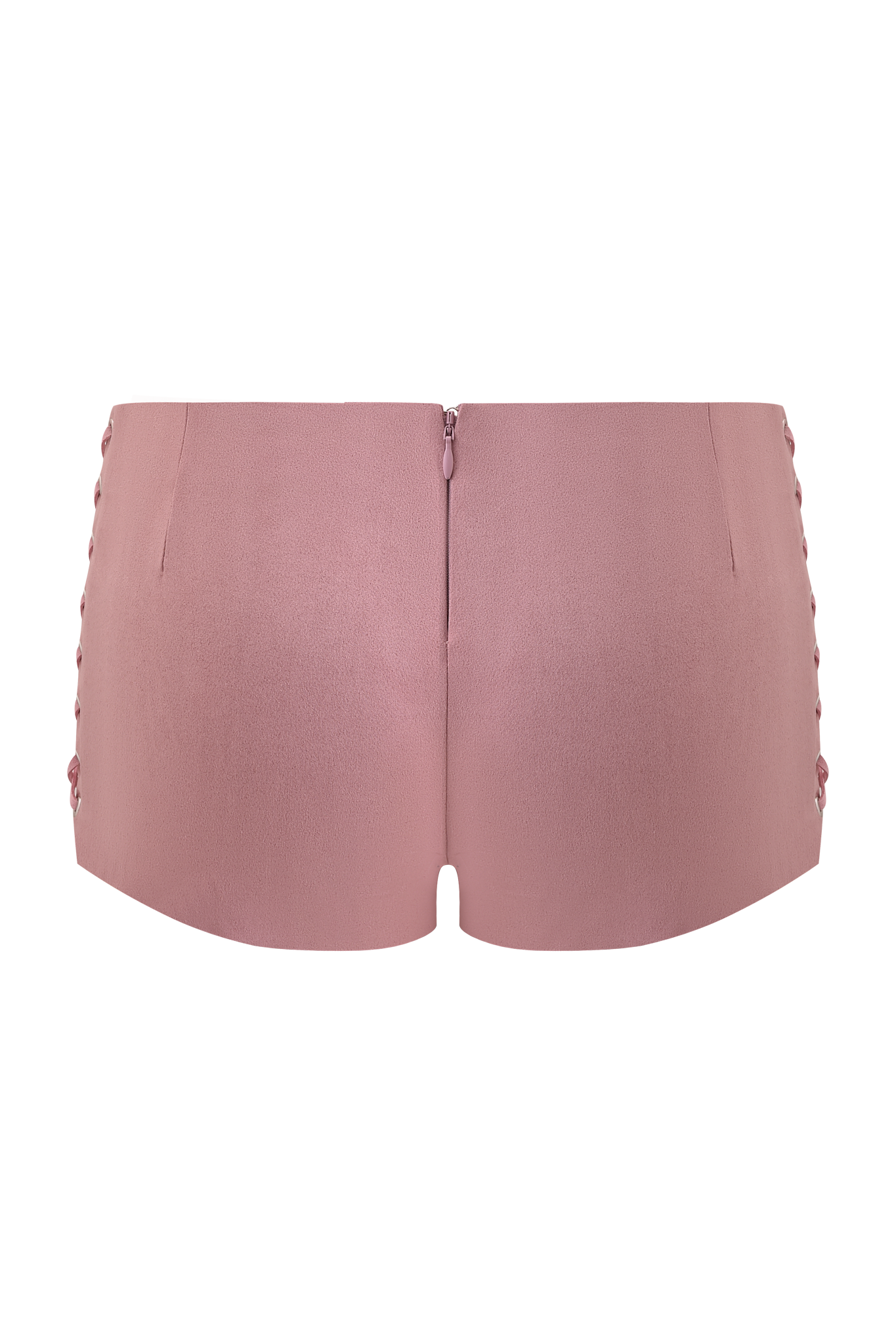 The I.AM.GIA RAMONA SHORT in Baby Pink features a smooth, slightly textured faux-suede finish, two side pockets, and a center back zipper closure for a stylish look. Shown from the back.