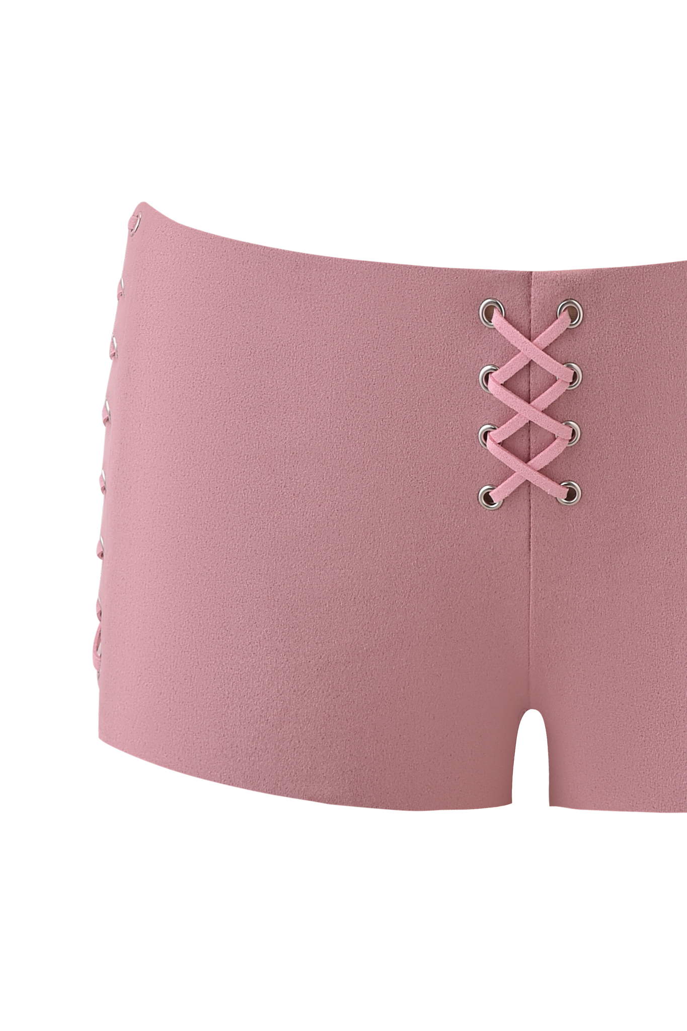 Close-up of the I.AM.GIA RAMONA SHORT in baby pink, featuring faux-suede fabric, a low rise waist, and decorative silver grommets with crisscrossed lace-up detail. The soft material has a subtle texture for a flattering look.