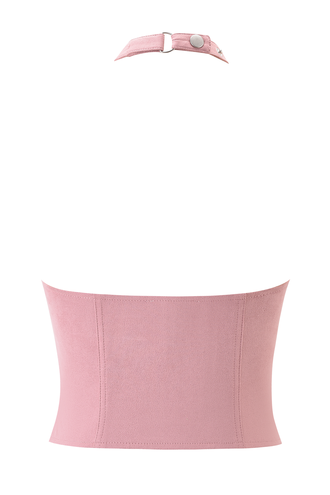 The ZEPHYR TOP - BABY PINK by I.AM.GIA is a fitted, dusty pink faux suede halter top with a neck clasp closure, shown here from the back.