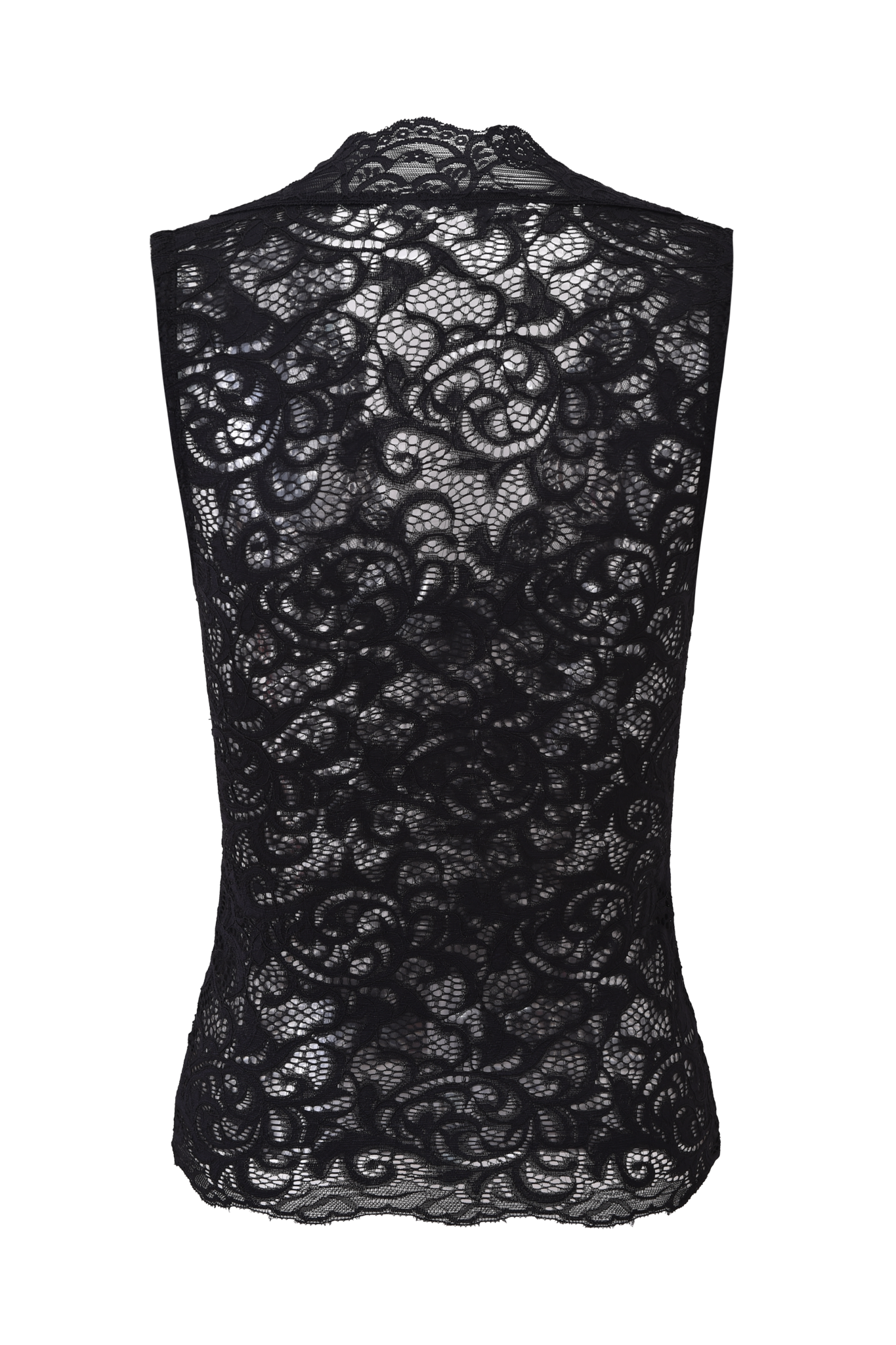 The GEMMA SLEEVELESS TOP - BLACK by I.AM.GIA is a sheer, sleeveless tank in black lace, shown from the back with a floral pattern and intricate detailing.