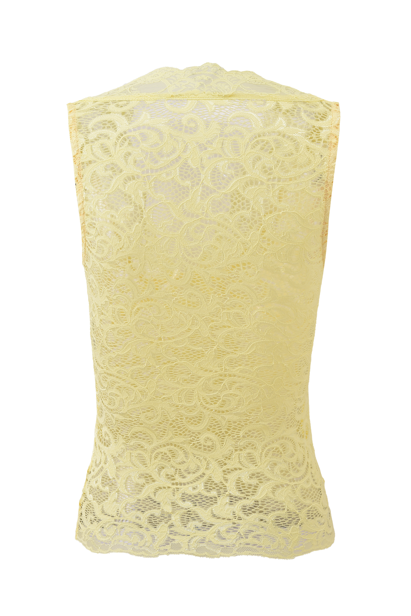 Back view of the I.AM.GIA GEMMA SLEEVELESS TOP in yellow lace featuring a semi-transparent, bodycon fit with delicate floral patterns and intricate detailing for an elegant look.