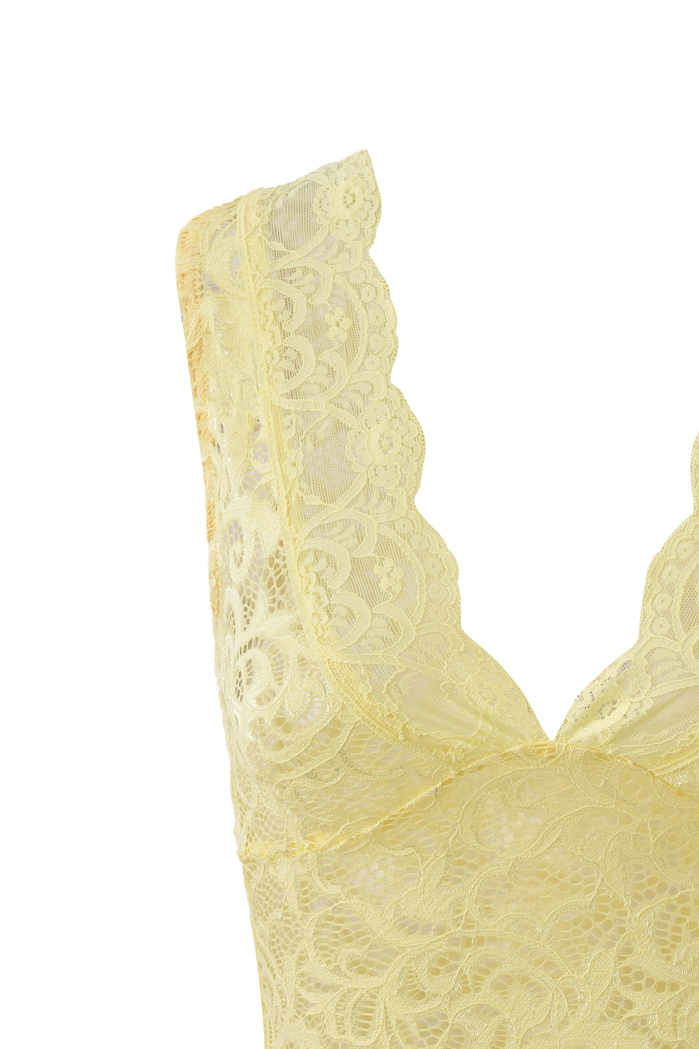 Close-up of the I.AM.GIA GEMMA SLEEVELESS TOP in yellow, showcasing its deep V-neckline, sheer lace with a floral pattern, and intricate stitching details.