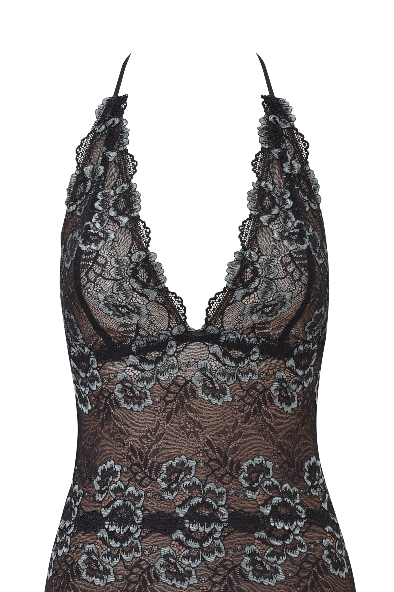 The I.AM.GIA GEM MINI DRESS - BLACK BLUE features sheer black lace with floral patterns, a plunging neckline, scalloped edges, and a flattering bodycon fit that accentuates your silhouette.