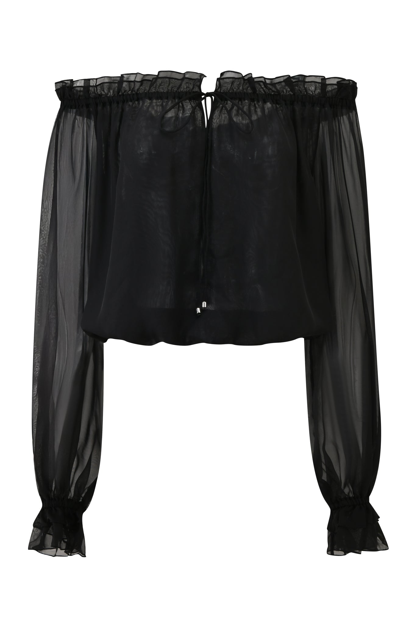 The JAZMIN TOP - BLACK by I.AM.GIA is a sheer black georgette off-shoulder blouse with long, loose sleeves, ruffled cuffs and neckline, plus a center front tie for a romantic touch.