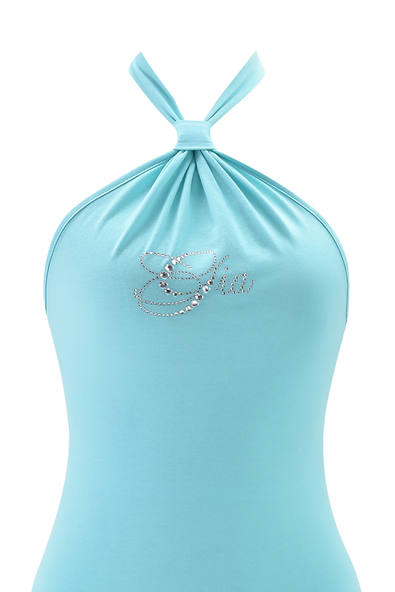 The ROWAN MINI DRESS in teal by I.AM.GIA is a chic halter-neck mini dress featuring soft jersey fabric, a knotted neckline, and "Gia" in rhinestones on the chest.