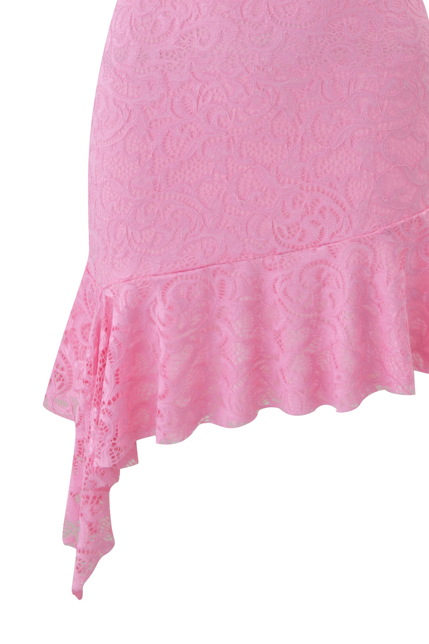 Close-up of the GEMMA HALTER MINI DRESS in baby pink by I.AM.GIA, featuring a ruffled asymmetrical hem and delicate floral lace patterns.