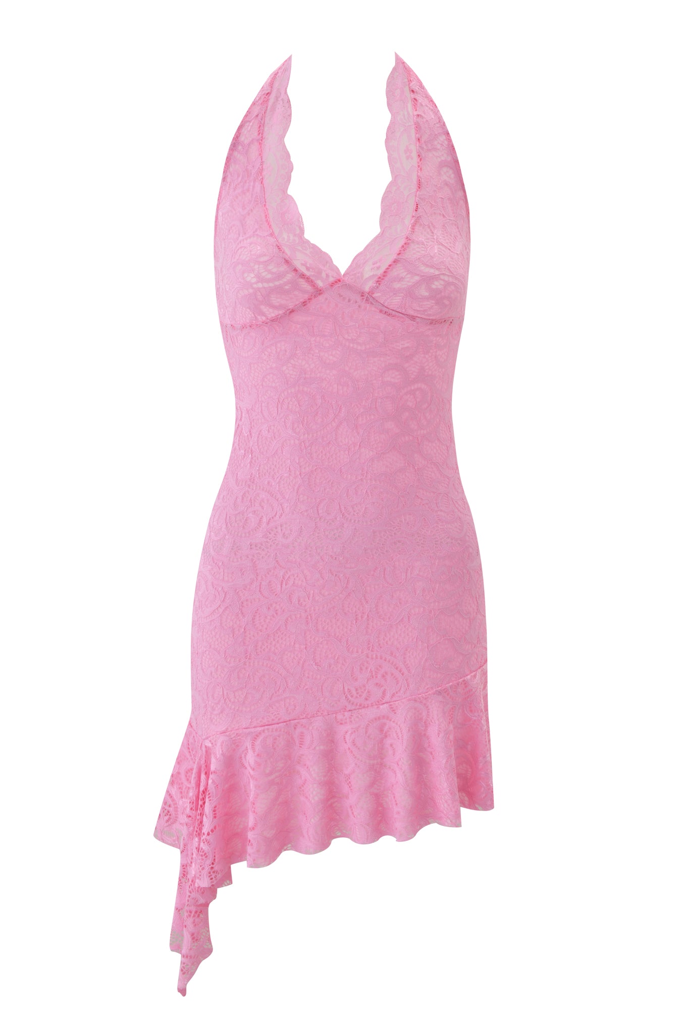 The GEMMA HALTER MINI DRESS by I.AM.GIA is a semi-sheer baby pink lace mini with a deep V neckline, halter top, sleeveless design, asymmetrical hem, and ruffled detail on one side.