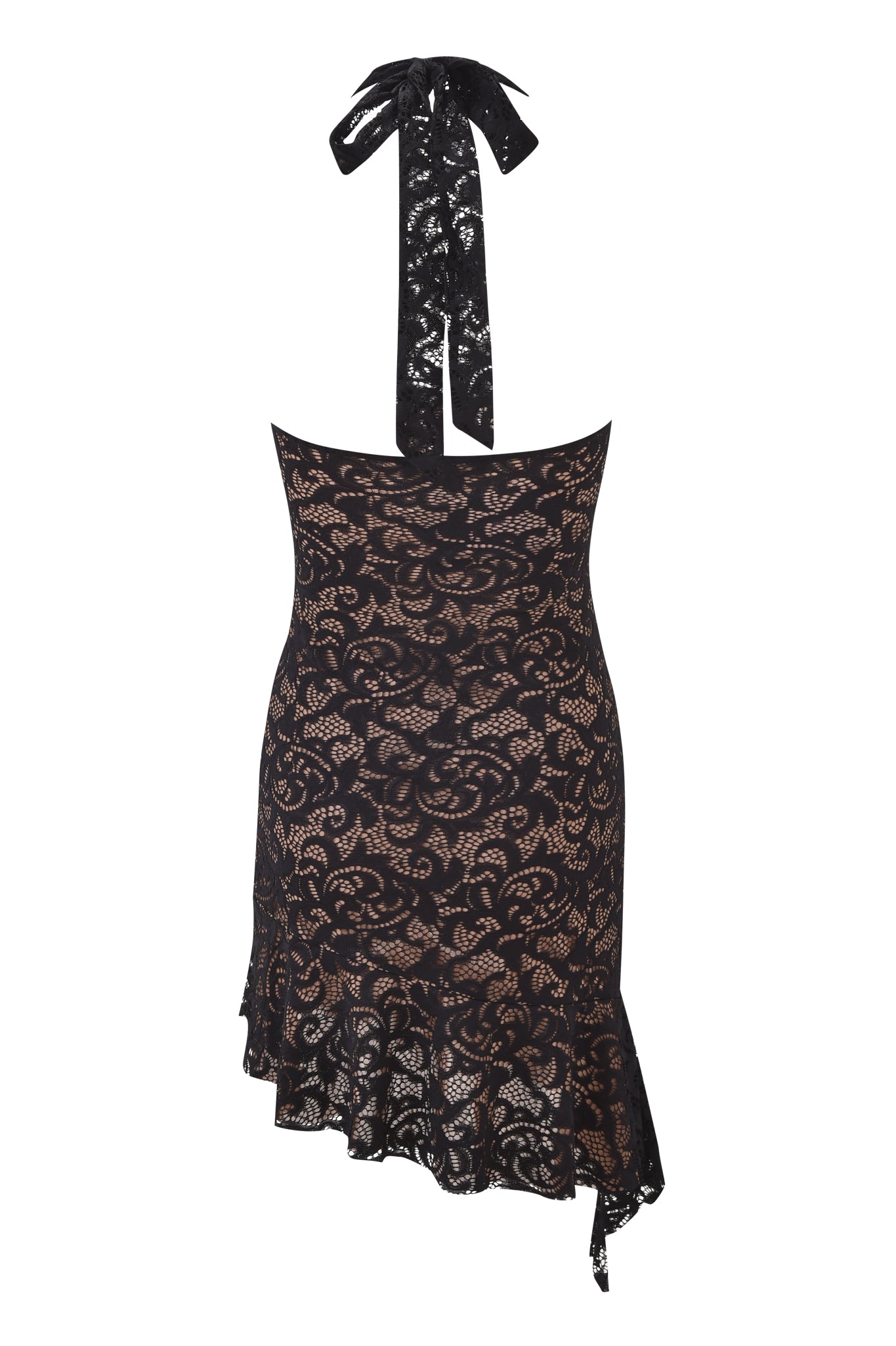 The GEMMA HALTER MINI DRESS by I.AM.GIA features black lace over a nude underlay, a plunging V neckline, asymmetrical ruffled hem, and a neck bow tie.