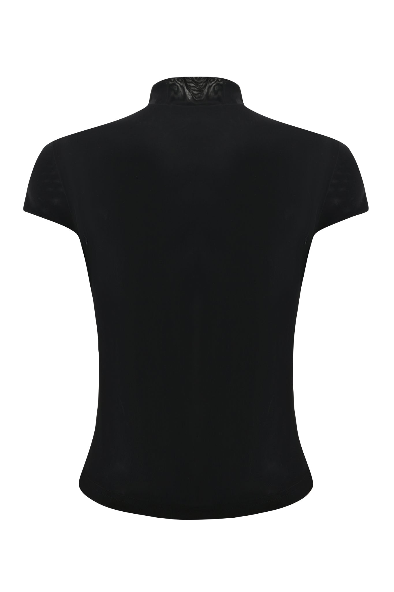 Back view of the I.AM.GIA ISELA TOP in black, a fitted bodycon piece with a mock neck and short sleeves, shown against a plain white background.