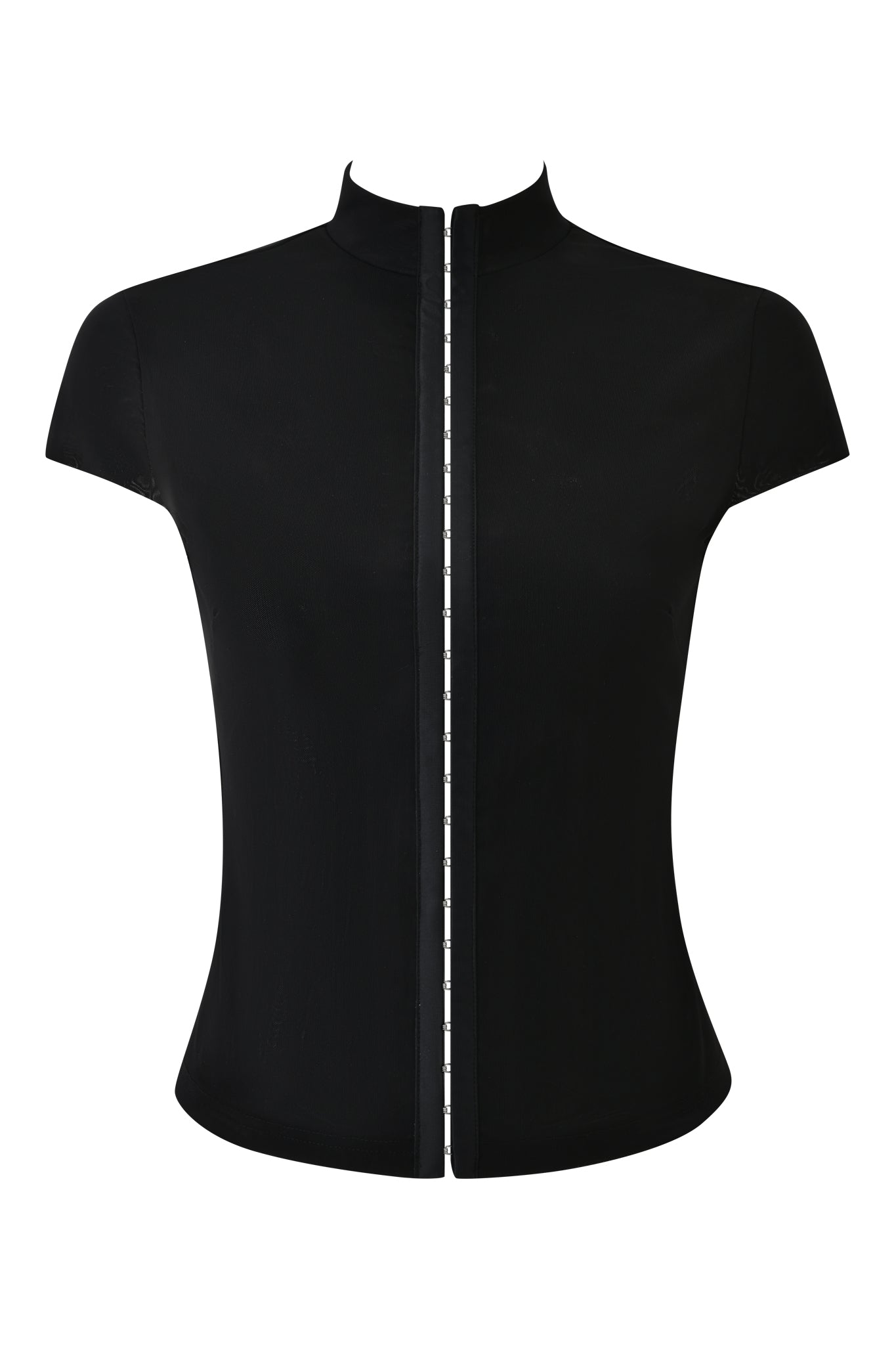The I.AM.GIA ISELA TOP - BLACK is a fitted black bodycon short-sleeve top with a high mock neck and visible front zipper, shown against a white background.