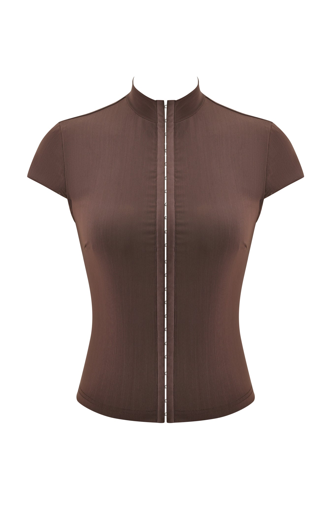 The ISELA TOP - BROWN by I.AM.GIA is a fitted, short-sleeved top with a mandarin collar and front seam detail, offering a bodycon silhouette. Shown here on a plain white background.