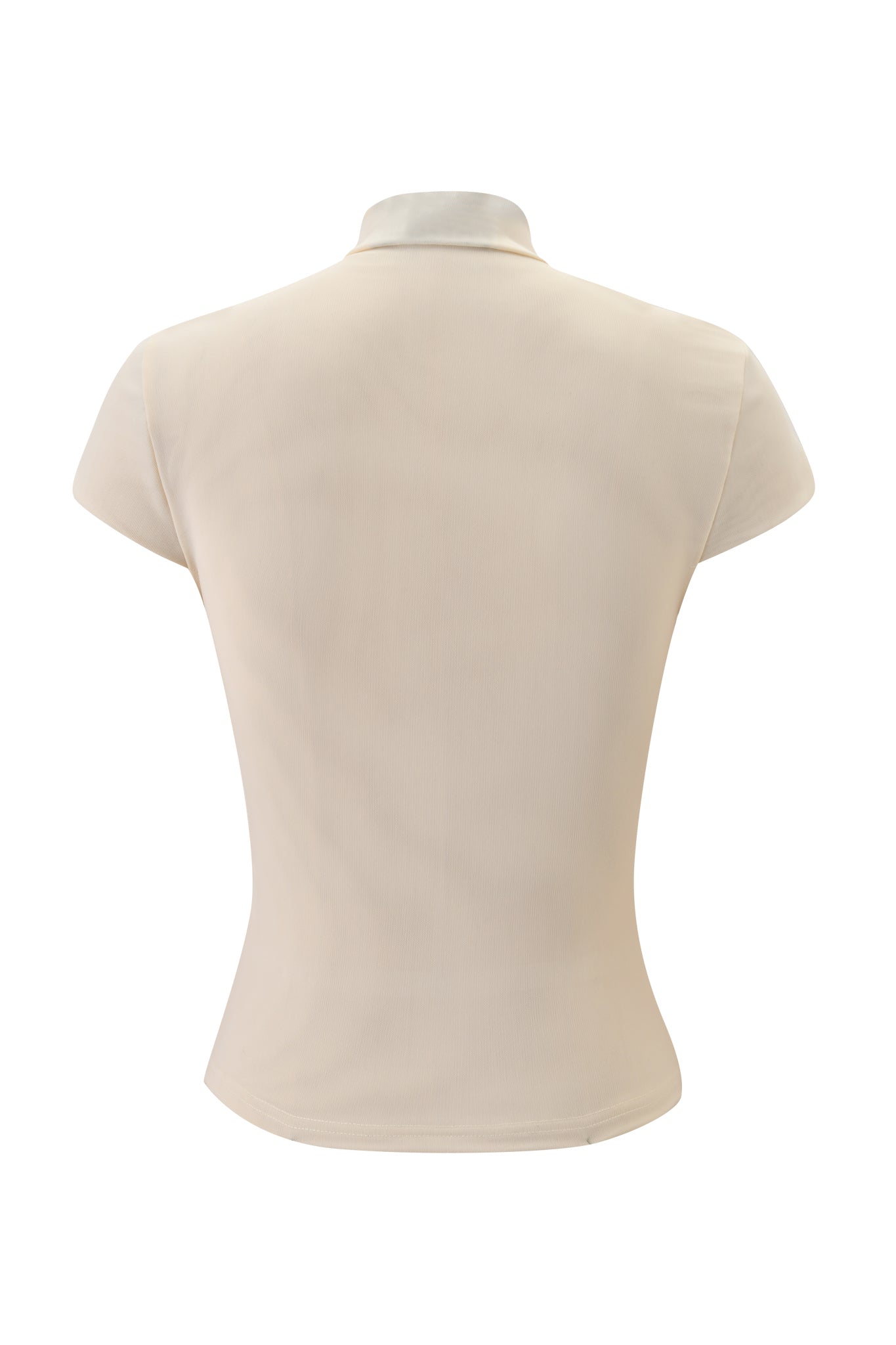 Back view of the I.AM.GIA ISELA TOP - CREAM, a short-sleeved, fitted beige blouse with a small collar and bodycon silhouette, shown against a plain white background.