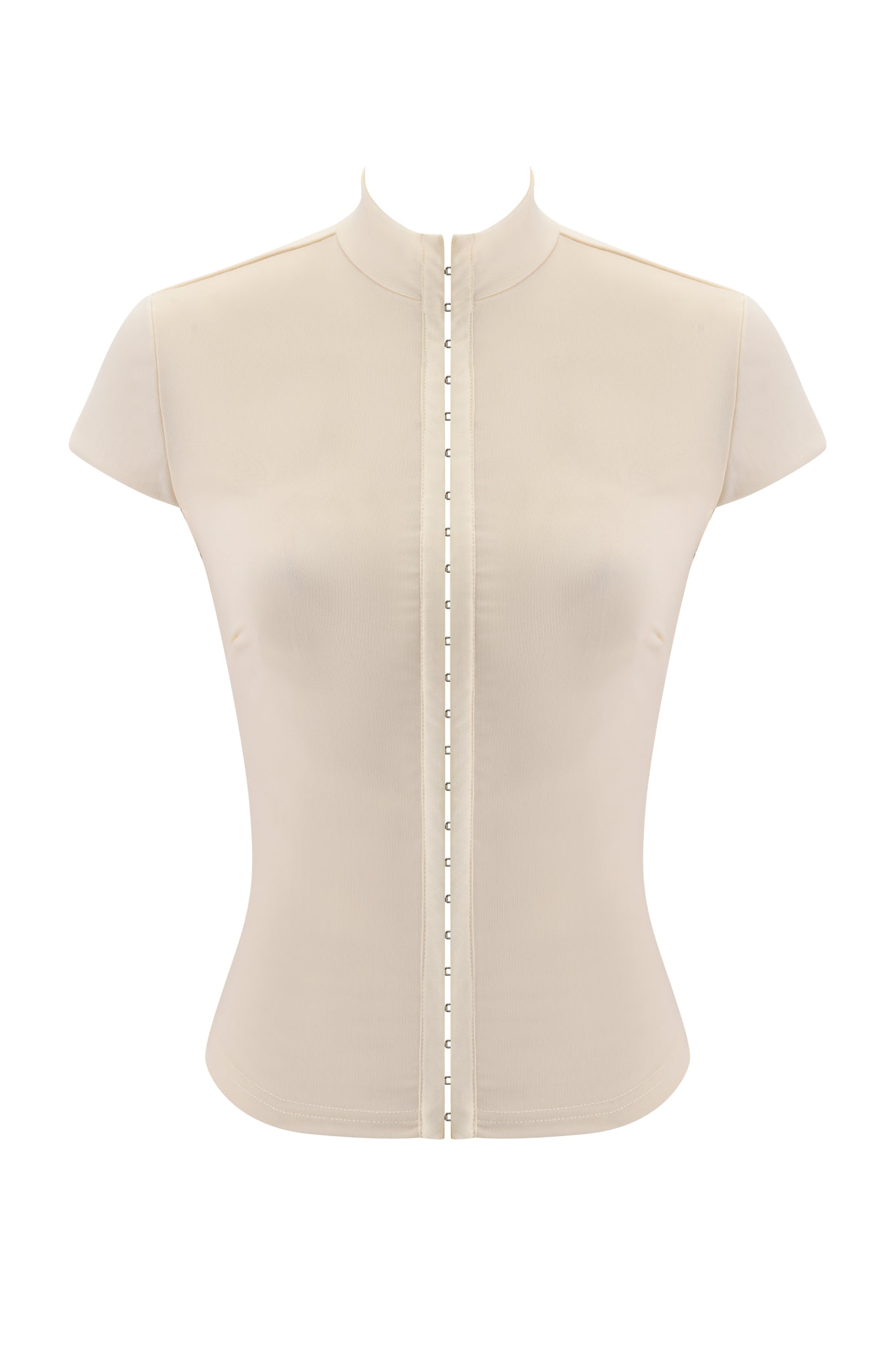 The I.AM.GIA ISELA TOP - CREAM is a fitted, short-sleeve mesh top with a high mock neck and central zipper, featuring a bodycon silhouette for a flattering look.