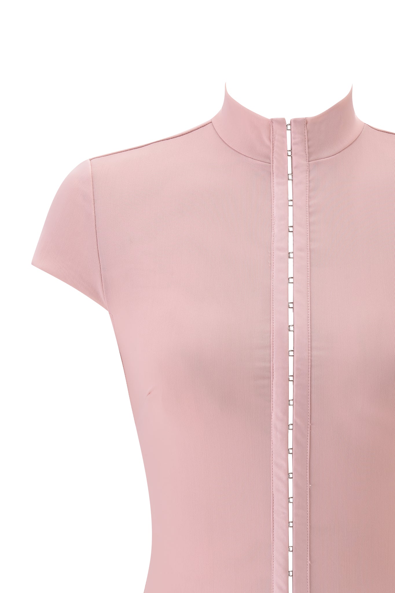 A close-up of the I.AM.GIA ISELA TOP - BLUSH shows its mesh fabric, short sleeves, high collar, and bodycon fit with small square cut-outs running down the front against a white background.
