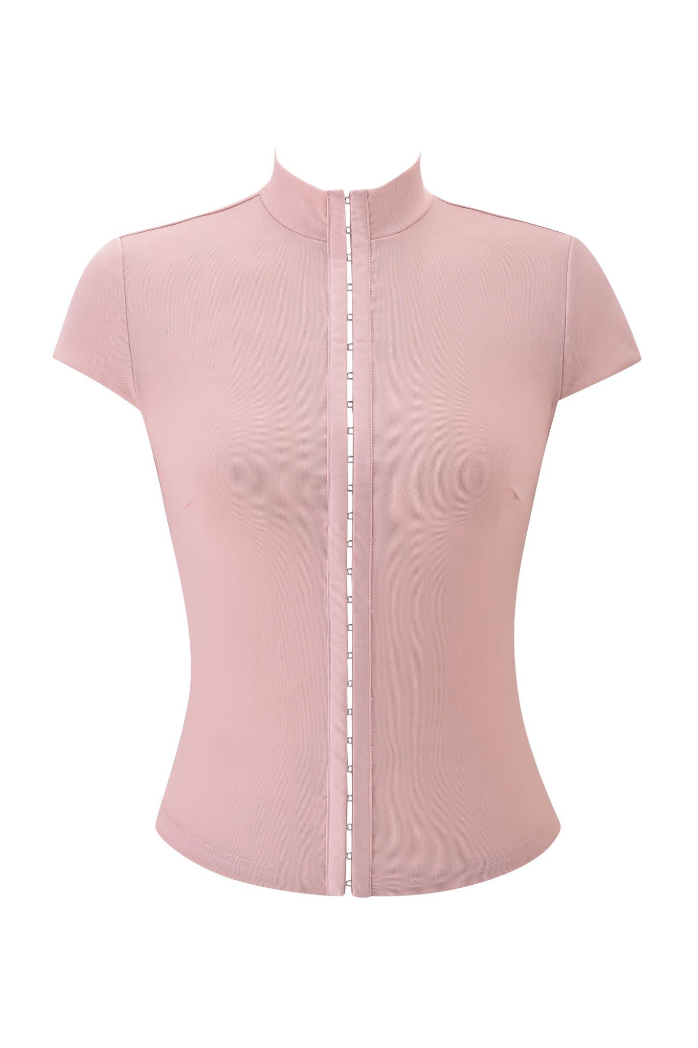 The ISELA TOP - BLUSH by I.AM.GIA is a fitted, blush pink mesh top with a bodycon silhouette, short sleeves, and a front zipper from high collar to hem, shown on a white background.