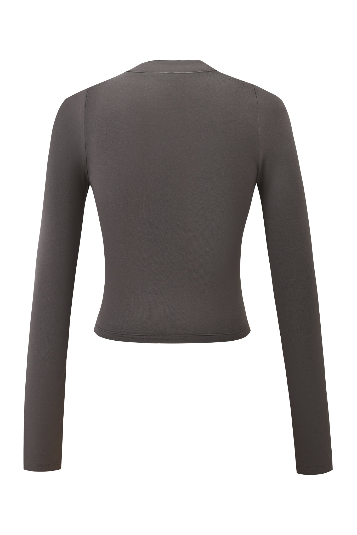 The I.AM.GIA KOVU LONG SLEEVE TOP in charcoal grey features a fitted back view with ruching, long sleeves, and a crew neckline, shown against a plain white background.