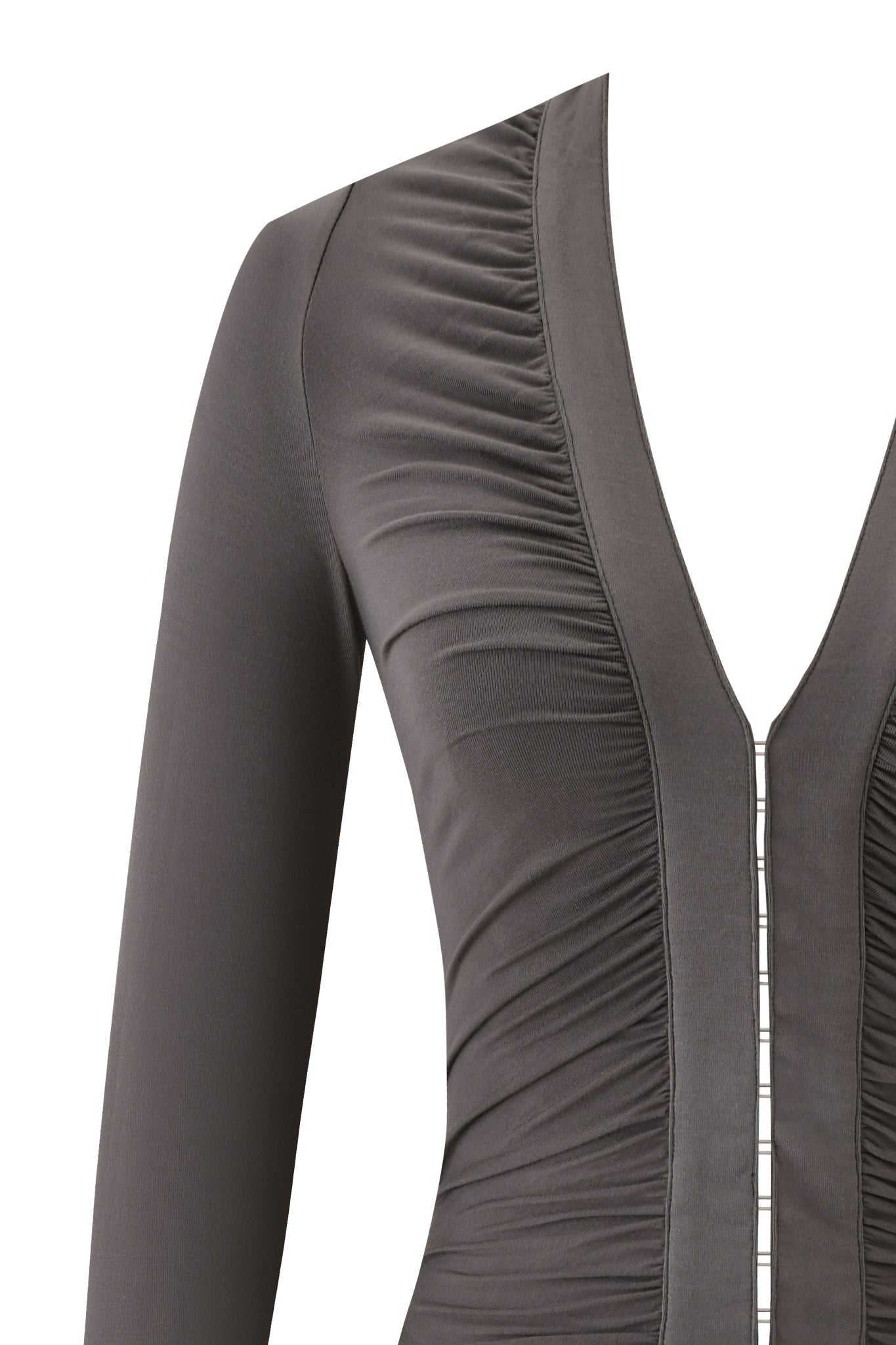 Close-up of the I.AM.GIA KOVU LONG SLEEVE TOP in charcoal grey, showcased on a white background. This top features a low-cut V-neckline, vertical front ruching, and fitted long sleeves.