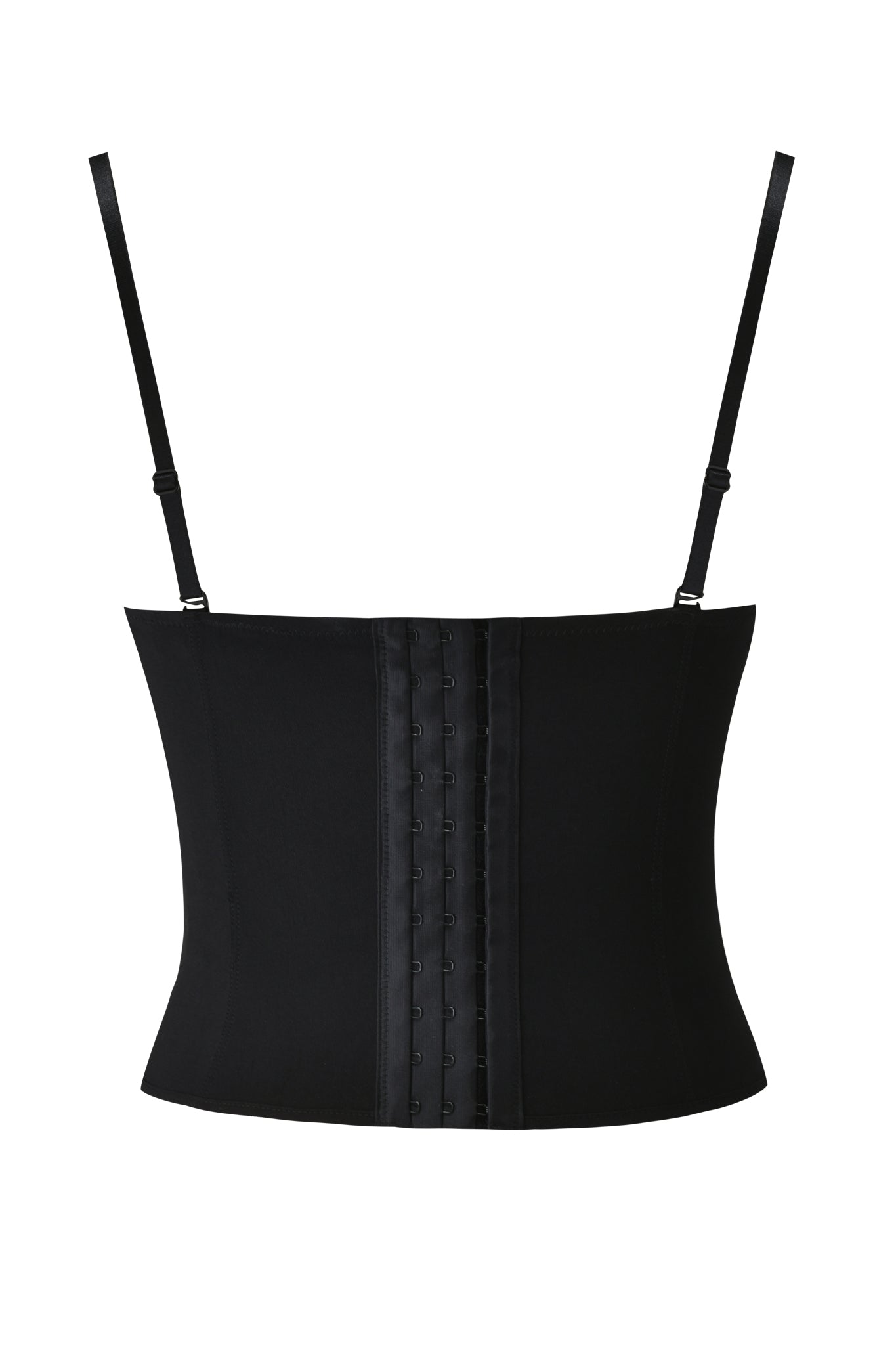 The SAMIRA BUSTIER by I.AM.GIA is a black lingerie-style waist cincher in stretch woven fabric, with adjustable shoulder straps and center front hook-and-eye closures, shown against a white background.