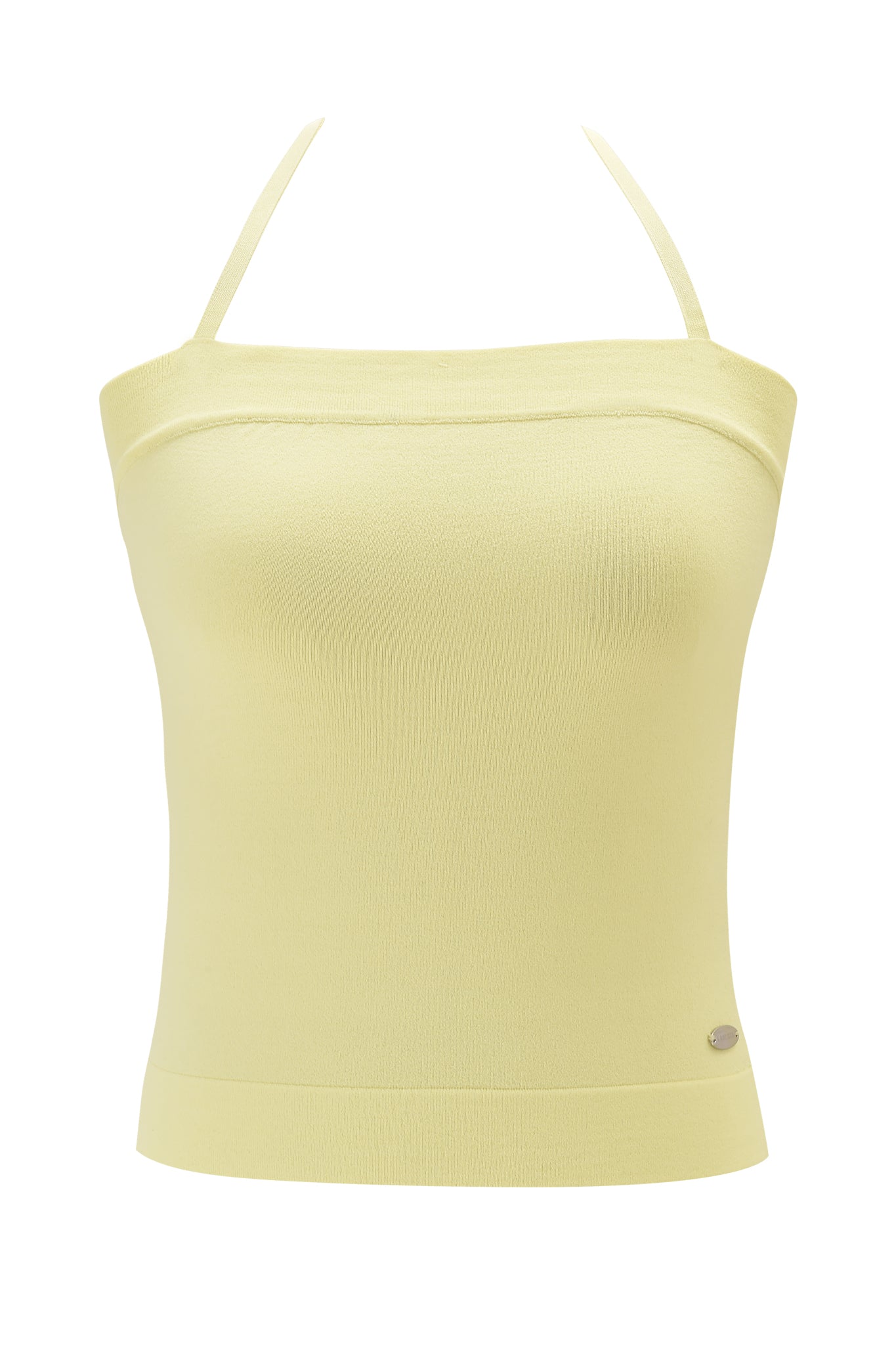 Light yellow, sleeveless bandeau top with thin halter straps and a fitted design. Pair it with the I.AM.GIA MORGANA 2.0 PANT - BABY YELLOW or your favorite flared knit pant for a chic look. Features a small metallic tag at the hem.