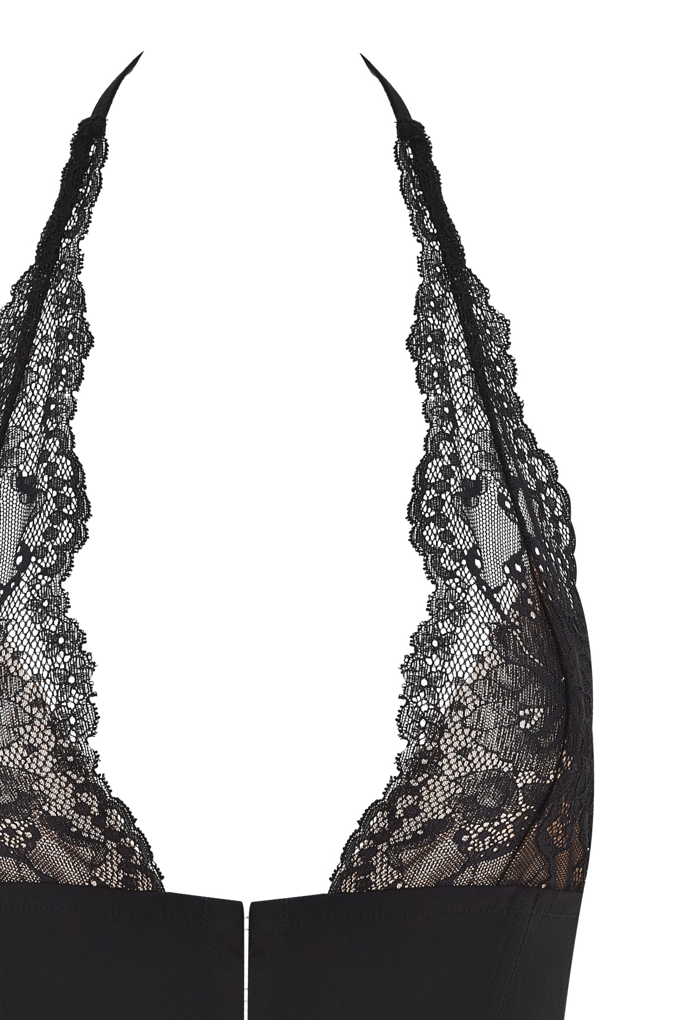 Close-up of the ELLENA WOVEN LACE HALTER CORSET by I.AM.GIA, showing its black floral lace halter neckline, detailed lace edges, and sheer mesh accents on this striking corset.