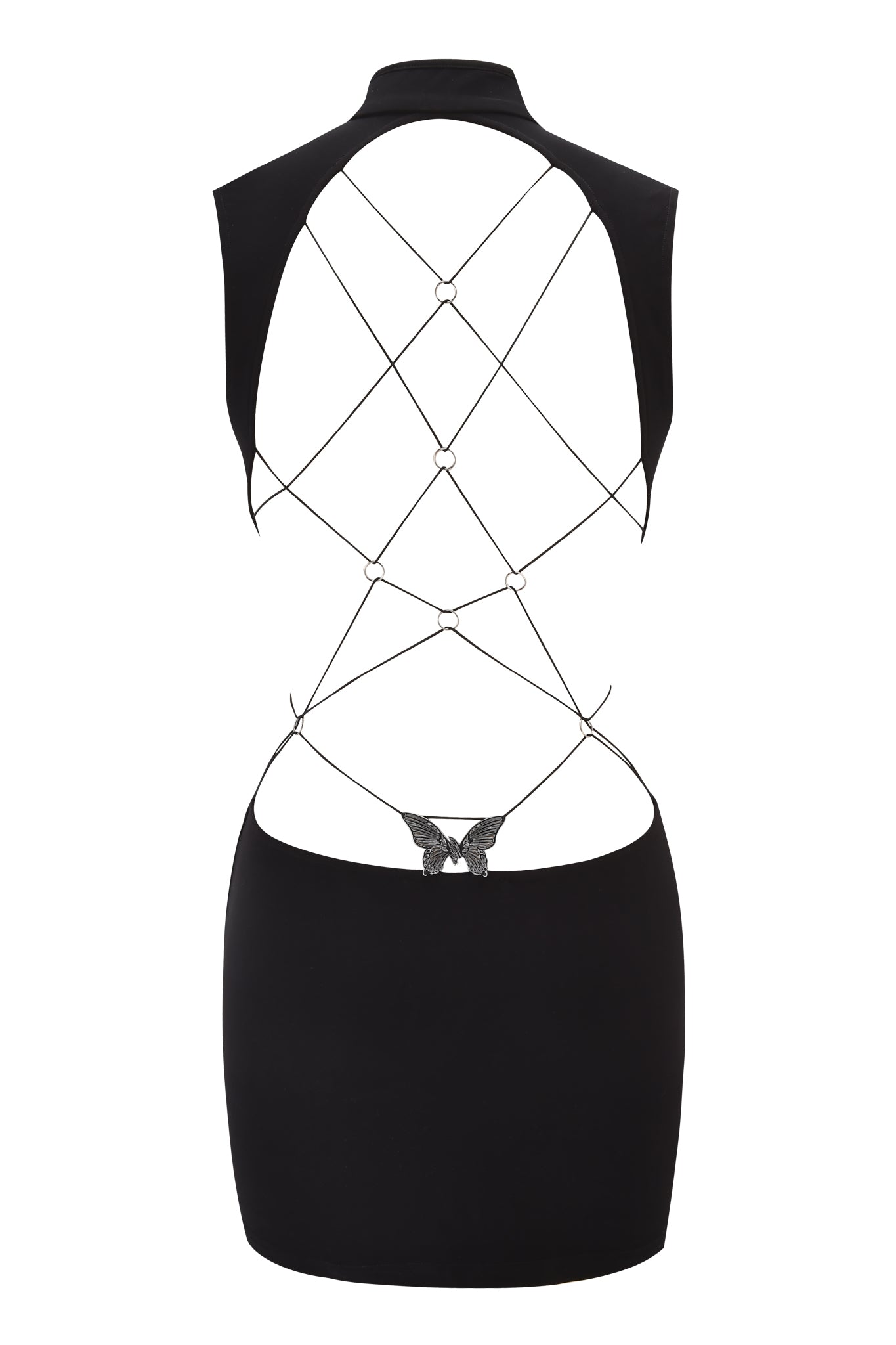 The LARISA BACKLESS STRAP MINI DRESS - BLACK by I.AM.GIA is a slinky bodycon mini dress featuring an open back, thin crisscross straps with silver rings, and a butterfly-shaped accent at the lower back.