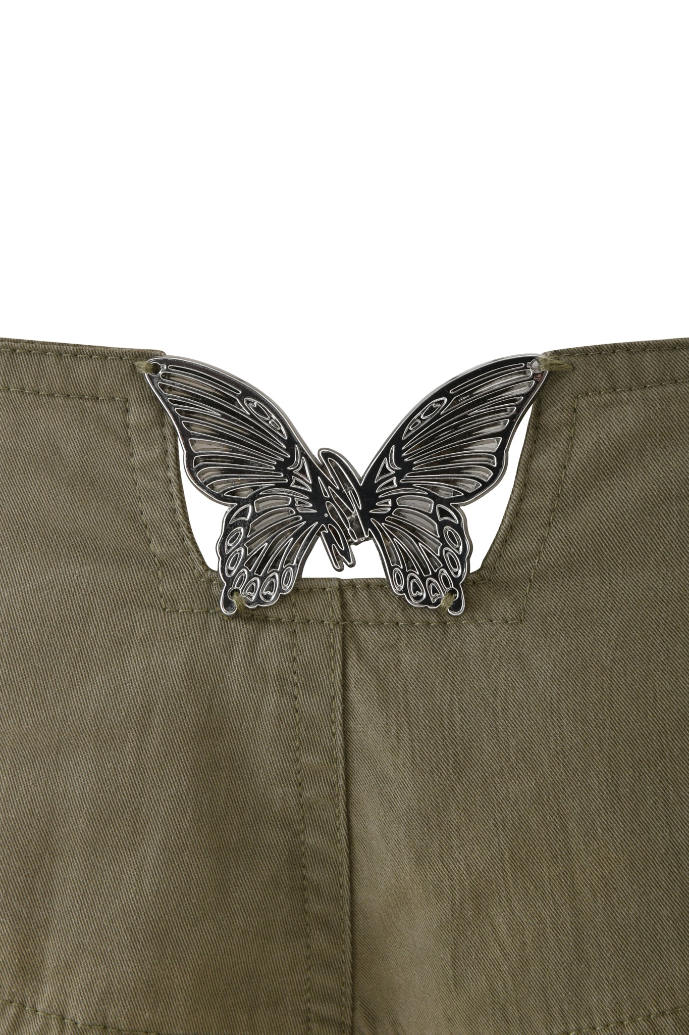 Close-up of the back of I.AM.GIA SEQUOIA PANT in army green, featuring a metallic butterfly-shaped detail at the waistband.